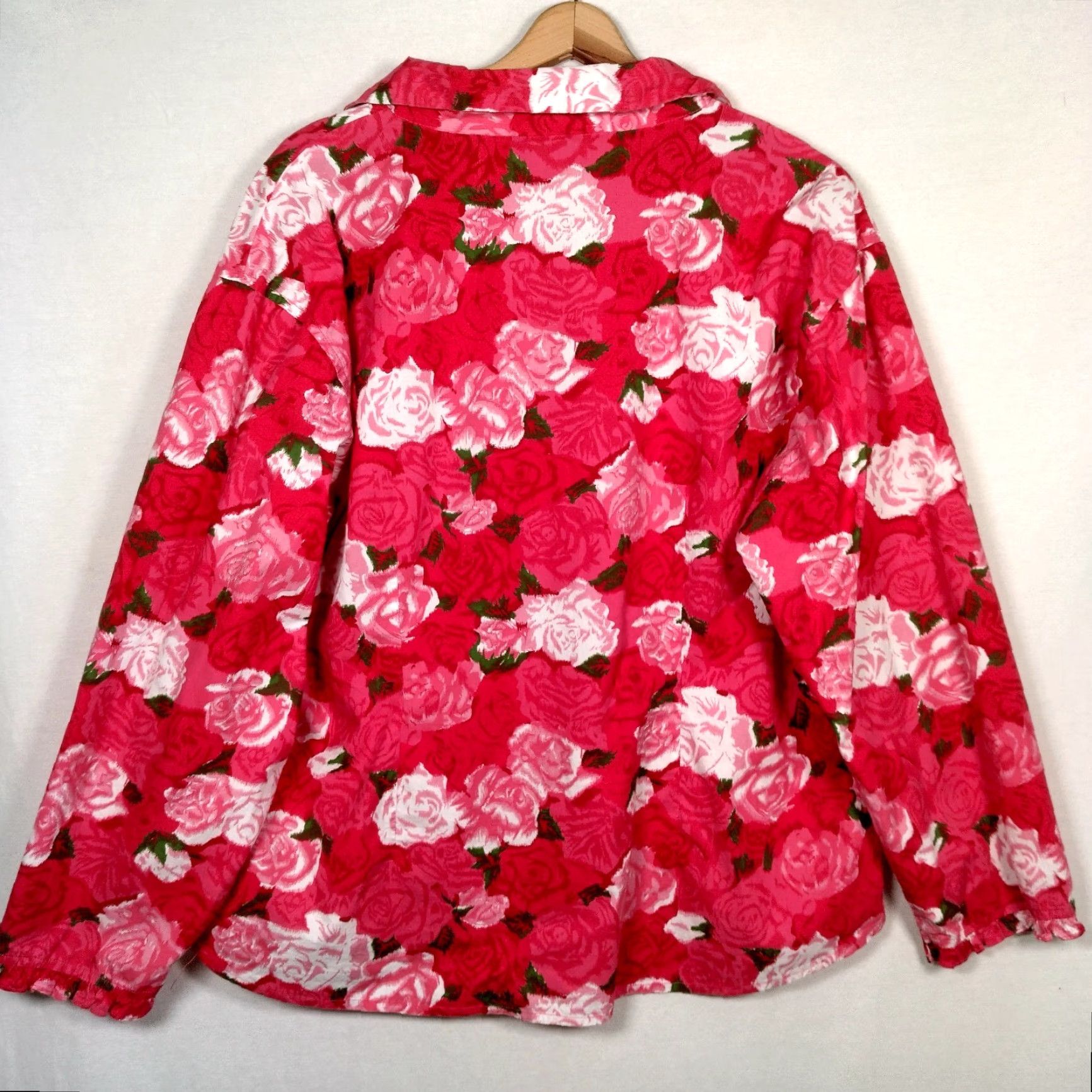 Vintage PINE CONE HILL FINE LINENS Floral Blouse XL Pink Red Roses Long Sleeve Button Front Ruffled Cuff Womens Size XL / US 12-14 / IT 48-50 - 2 Thumbnail