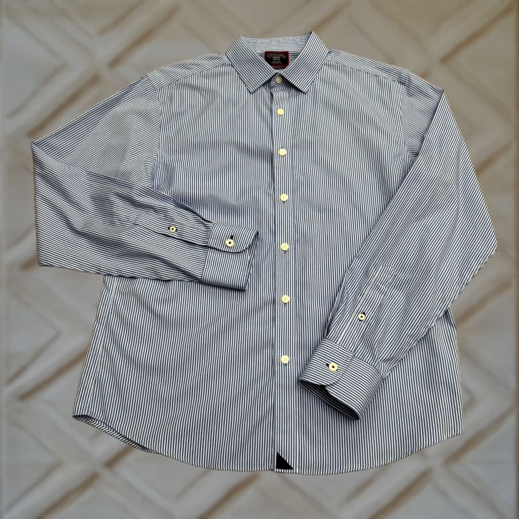 UNTUCKit Untuckit Dress Shirt Mens Medium Blue Striped Friulano Two Ply Cotton Woven NWOT Size 40R - 1 Thumbnail