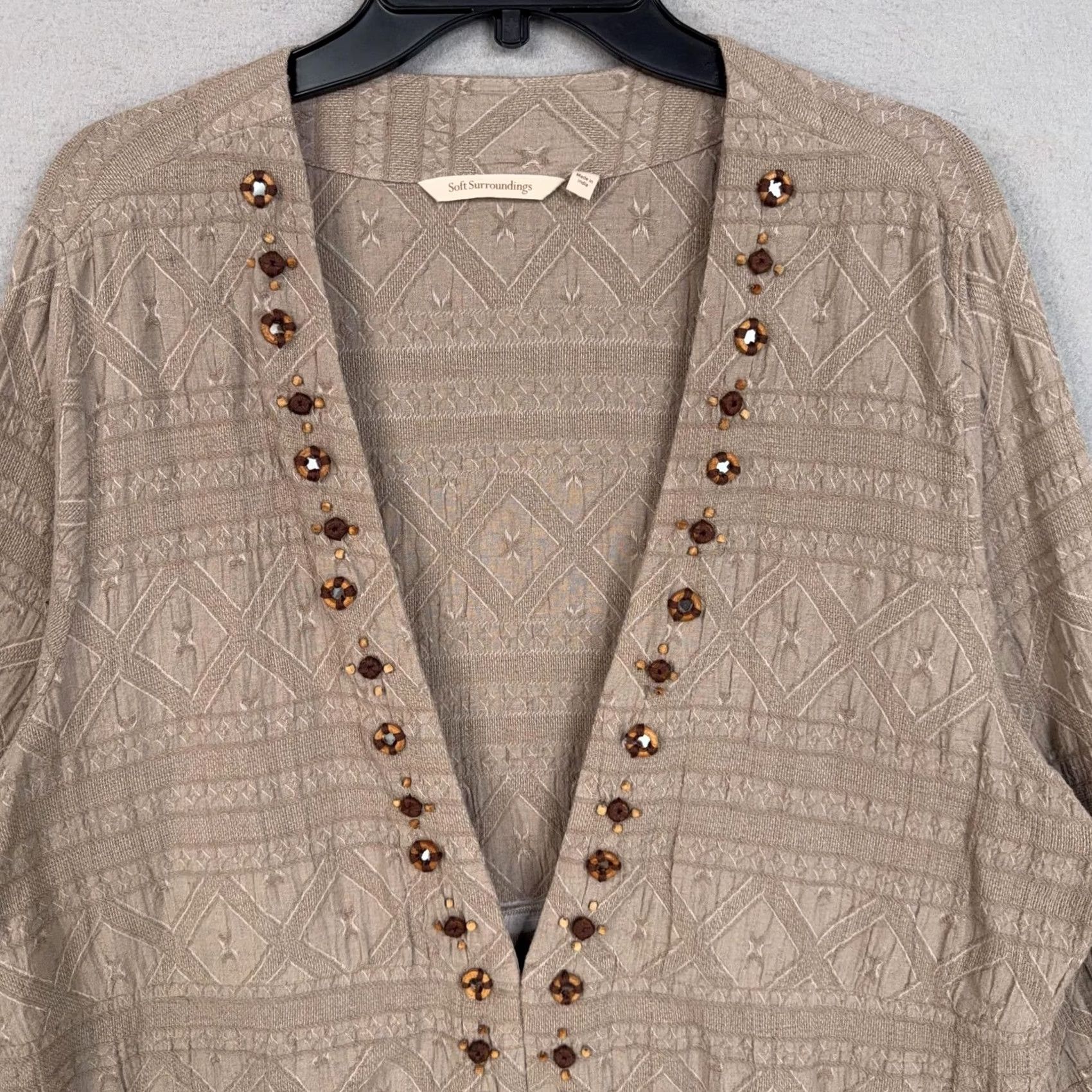 Soft Surroundings Soft Surroundings Cardigan Sweater Womens 1X Beige Jewel Button Geometric Knit V-Neck 3/4 Sleeve Open Front Casual Fall Winter Spring Womens Plus Size Size XL / US 12-14 / IT 48-50 - 2 Thumbnail