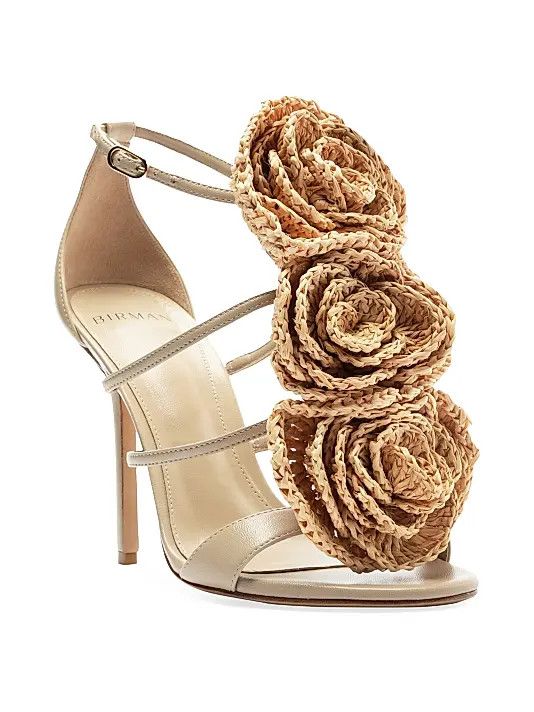 Alexandre Birman os11x0326 Sadie Flower 100mm Leather & Raffia Sandals Creamy Size US 8.5 / IT 38.5 - 2 Thumbnail