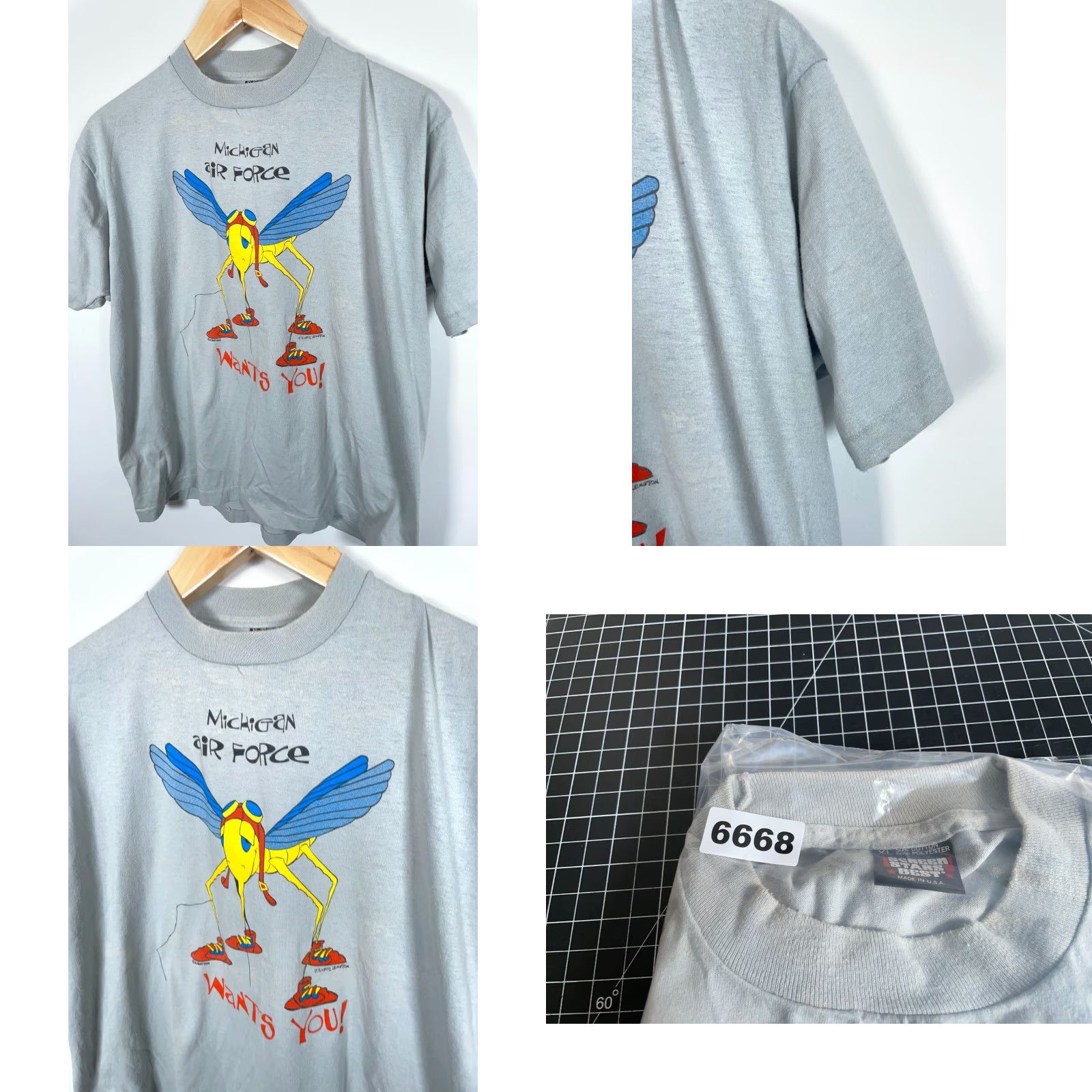 Vintage VINTAGE Screen Stars T-Shirt Michigan Air Force 80s Adult XL Gray Short Sleeve Crew Neck 50-50 Single Stitch Best Tag Mens 1986 Retro Logo 80s Size US XL / EU 56 / 4 - 8 Thumbnail