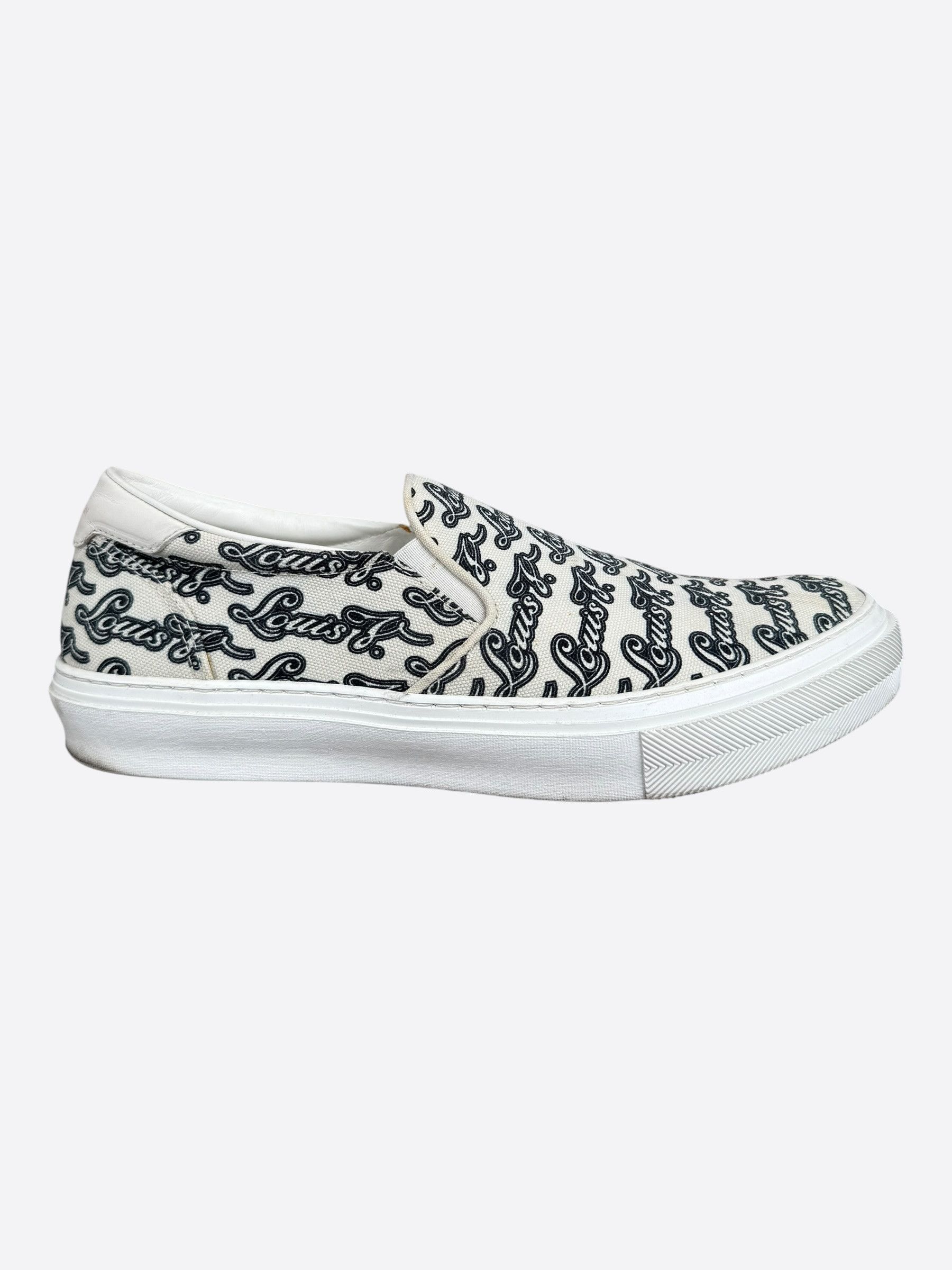Louis Vuitton Louis Vuitton White & Black Repeat Logo Slip On Sneakers Size US 8 / EU 41 - 1 Thumbnail
