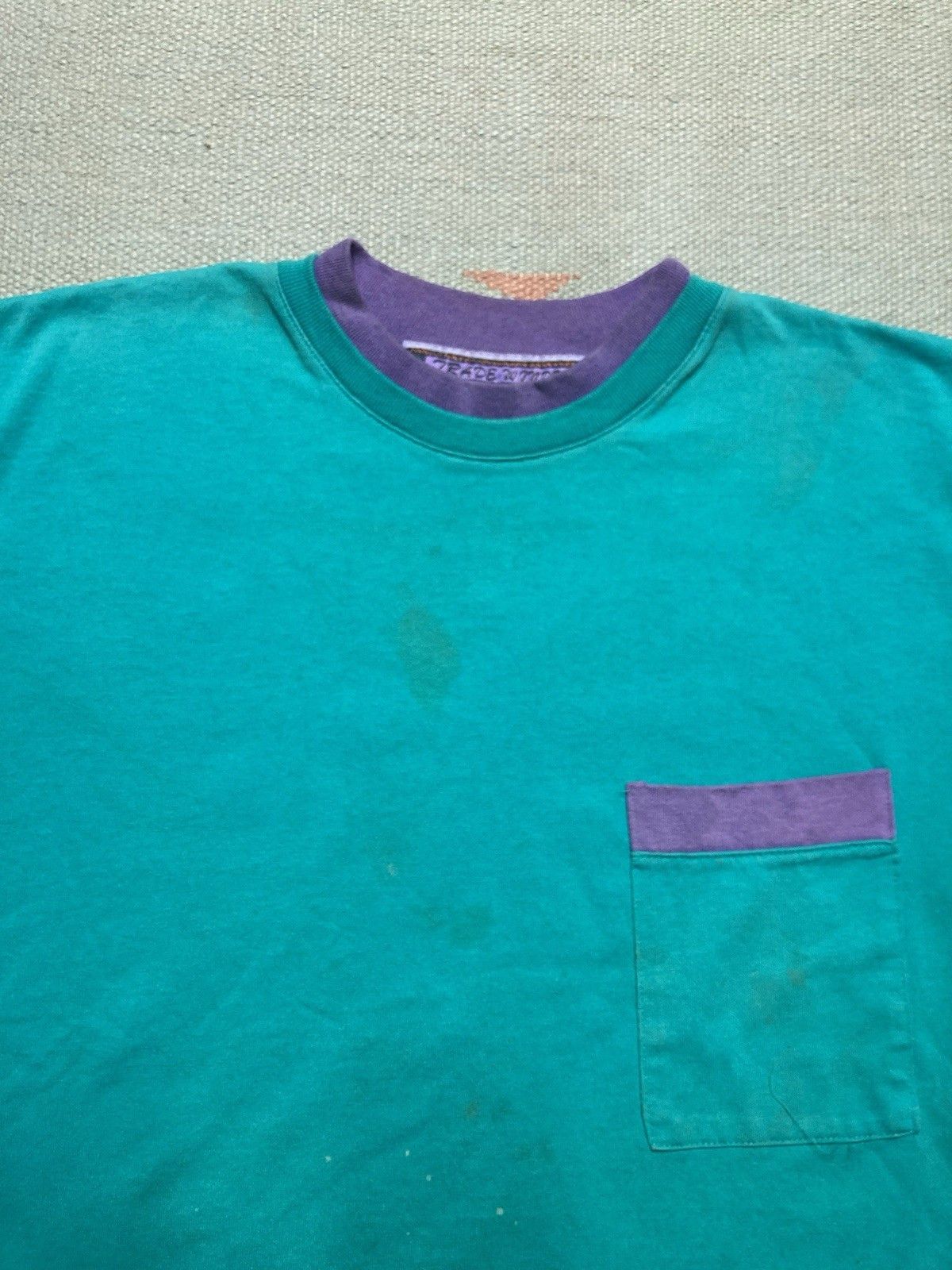 Vintage 80s 90s pocket t shirt blank teal purple stained boxy large Size US L / EU 52-54 / 3 - 4 Thumbnail