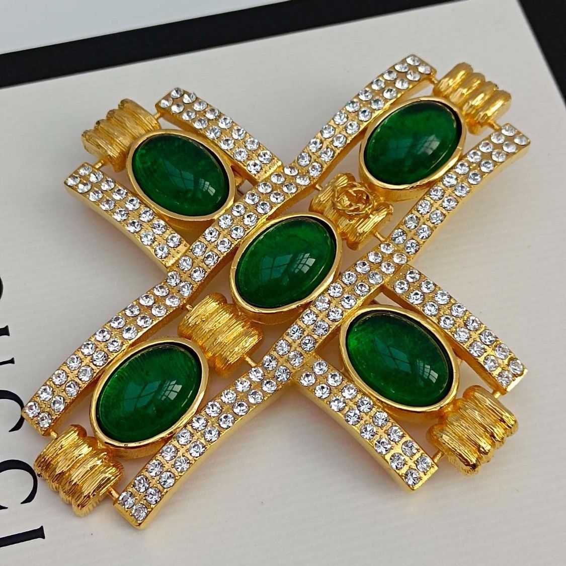 Gucci RARE Gold & Green Cabochon Stone Cross Brooch Size ONE SIZE - 4 Thumbnail