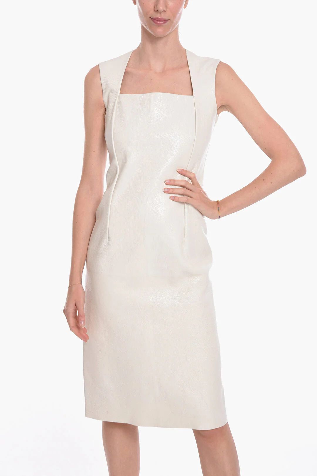 Bottega Veneta og1mm0426 Sleeveless Leather Midi Dress in White Size XS / US 0-2 / IT 36-38 - 4 Thumbnail