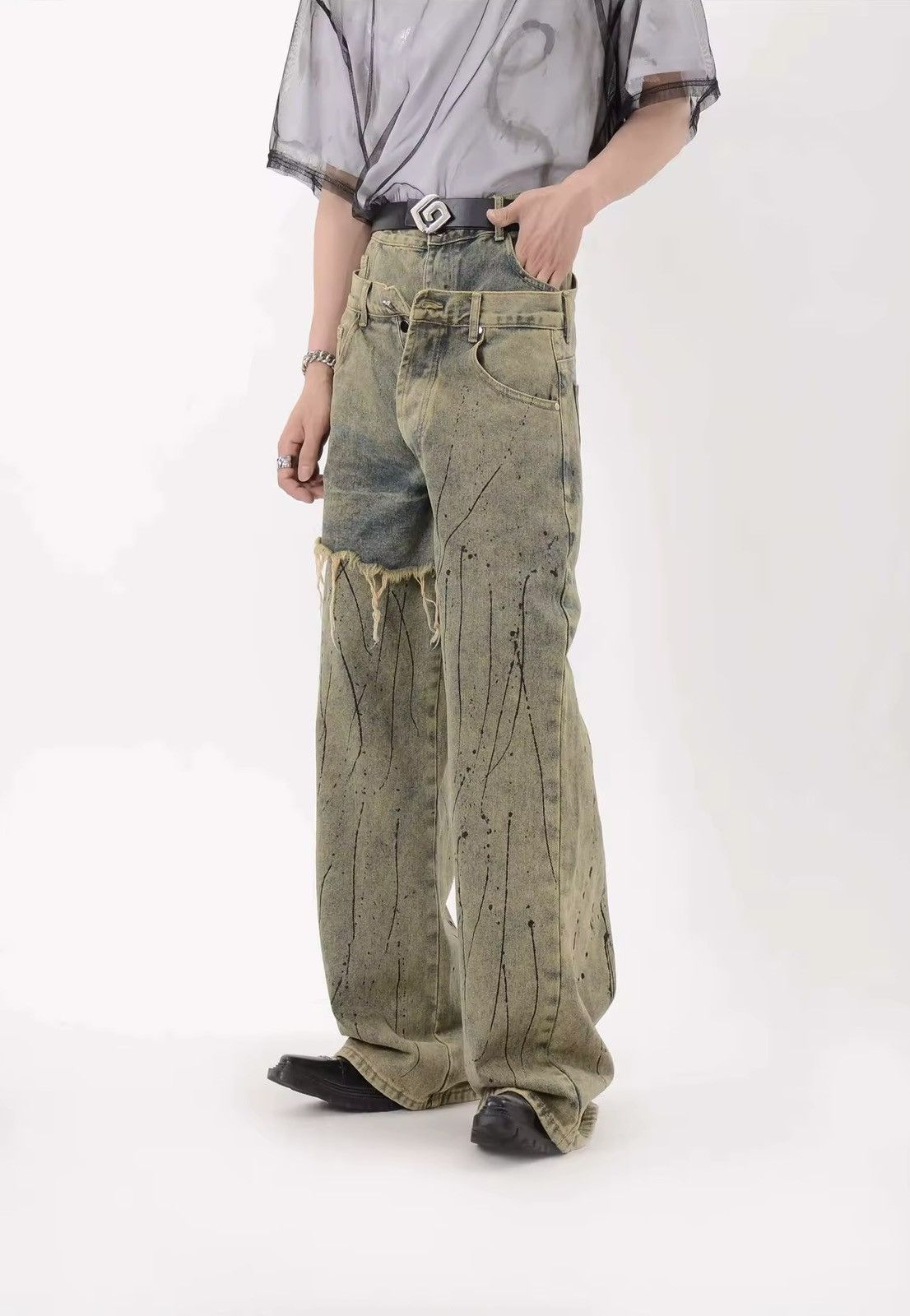 Designer × Vintage Asymmetric Design Loose Distressed Baggy Pants Jeans Size US 34 / EU 50 - 3 Thumbnail