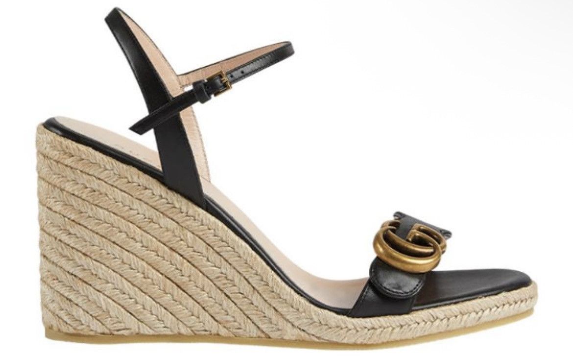 Gucci Gucci Double G 95mm Platform Espadrille Black Leather Sandal Size US 4.5 / IT 34.5 - 3 Thumbnail