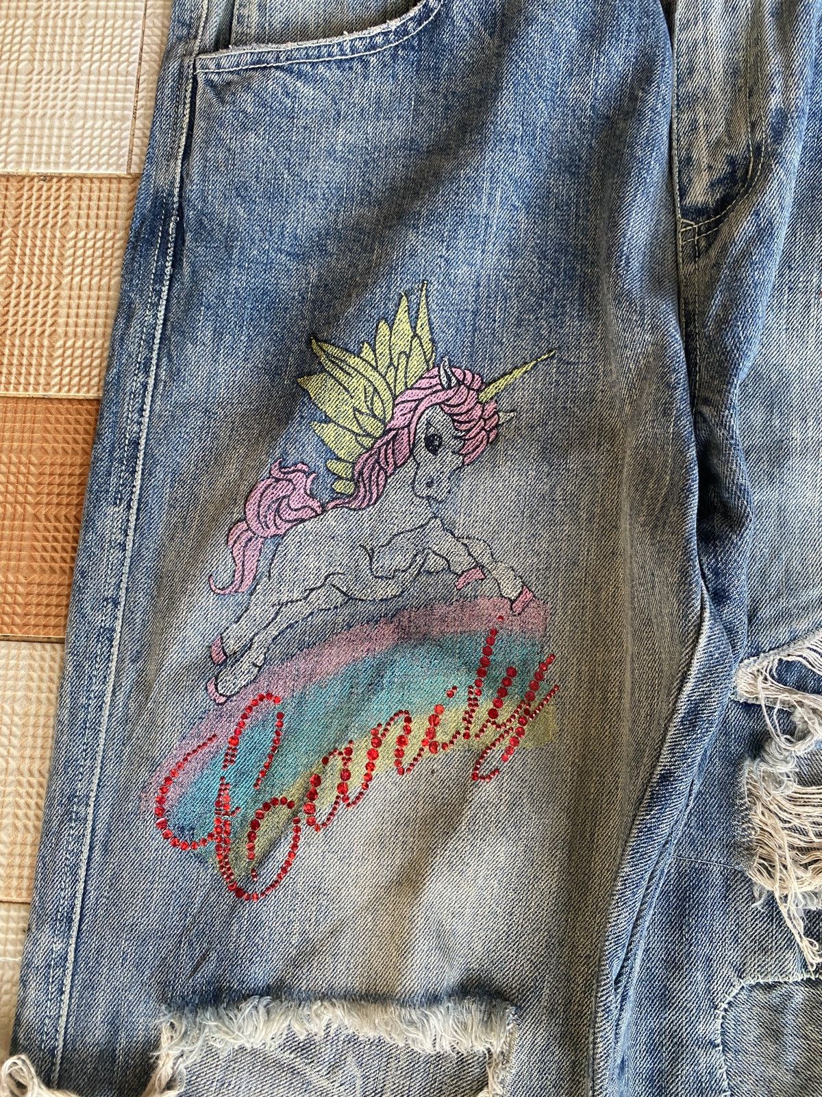 Beauty Beast × PPFM Vintage candy stripper slim cut distressed denim Size US 33 - 19 Thumbnail