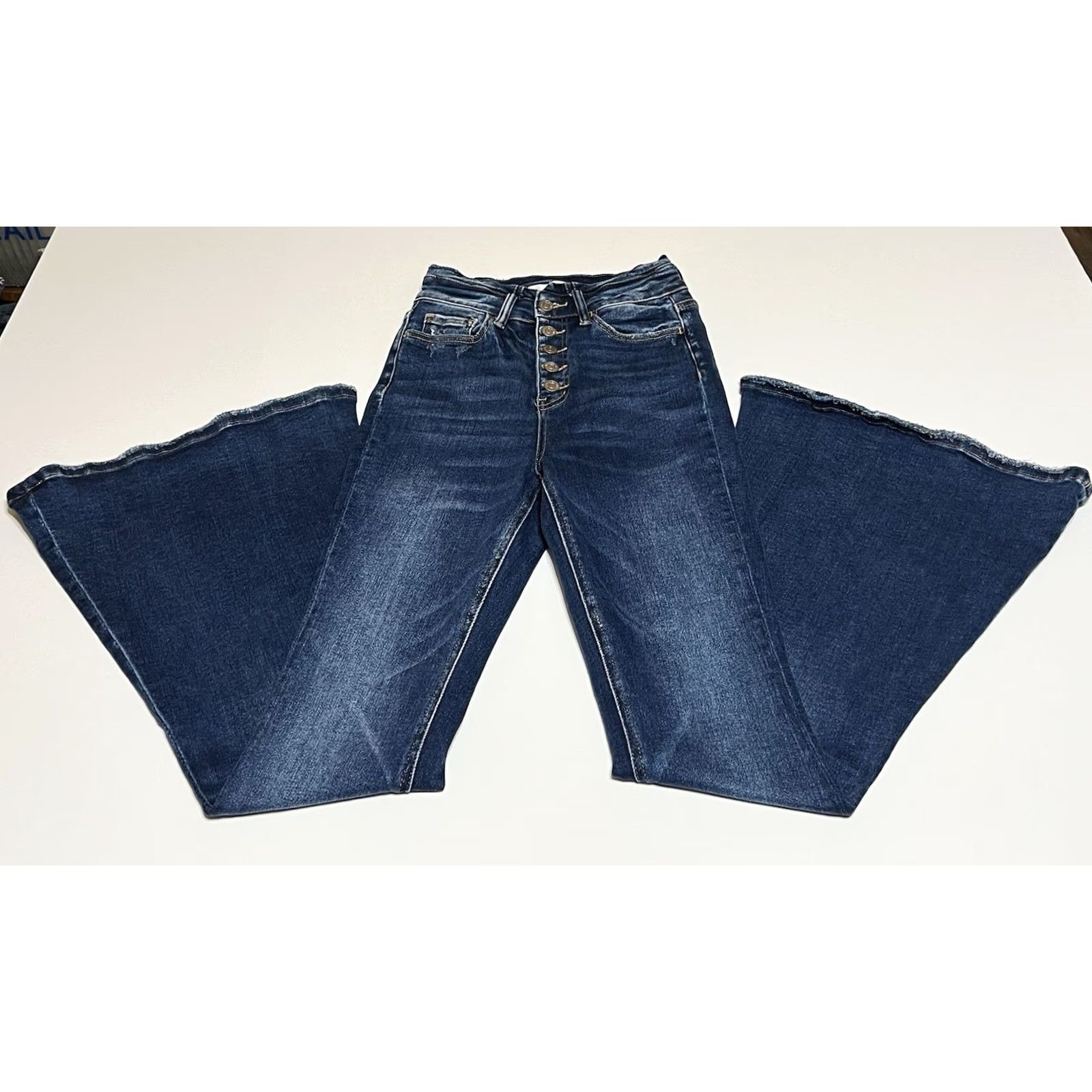 Vintage Buckle Bridge Ultra High-Rise Extreme Flare Denim Jeans Women's 24x31 Blue, 5-Pocket, Button Zip, Regular, Cotton Blend, GA Size 42" / US 20 - 2 Thumbnail
