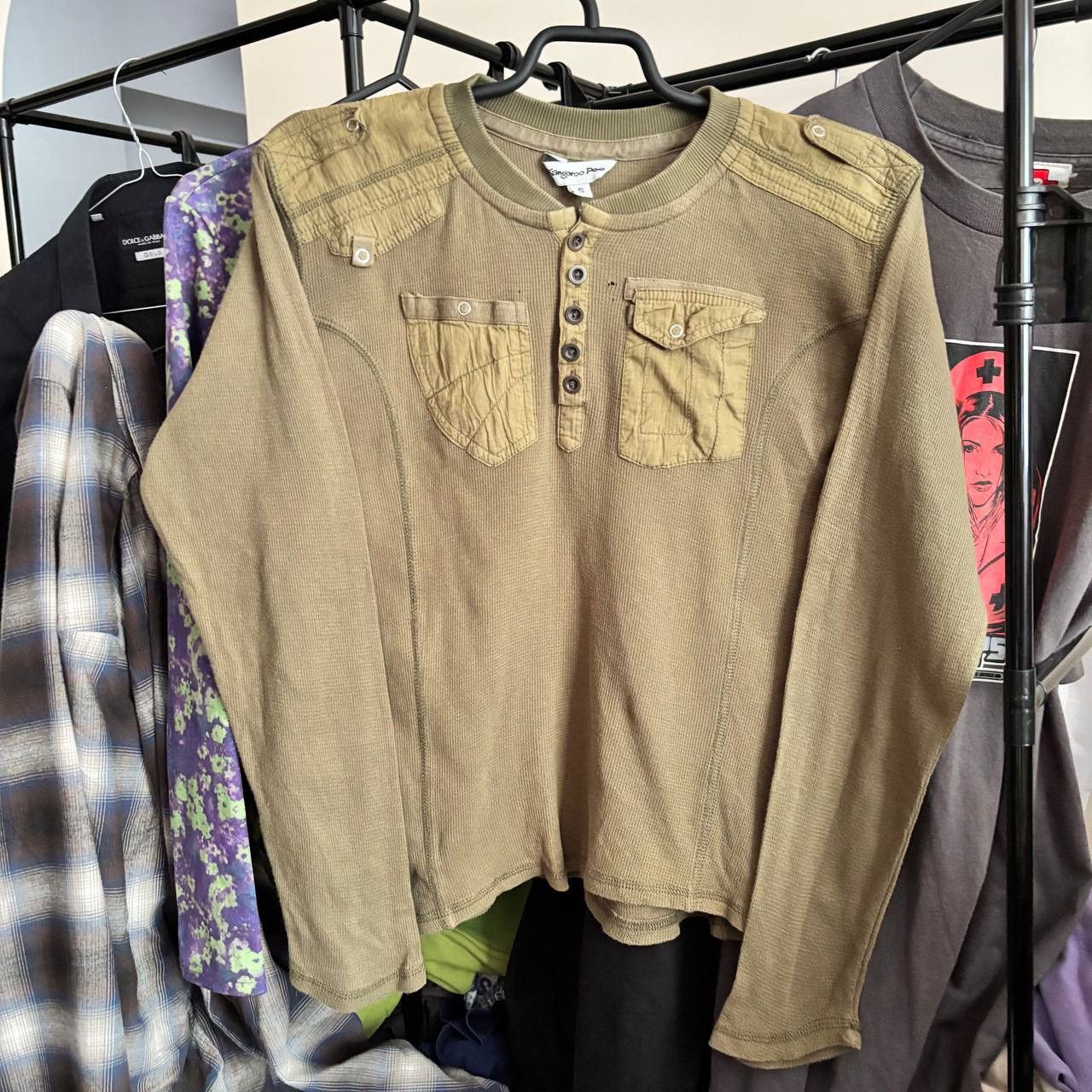 If Six Was Nine Y2K Military Utility Waffle Knit Thermal Shirt –Kangaroo Poo Size S / US 4 / IT 40 - 1 Thumbnail