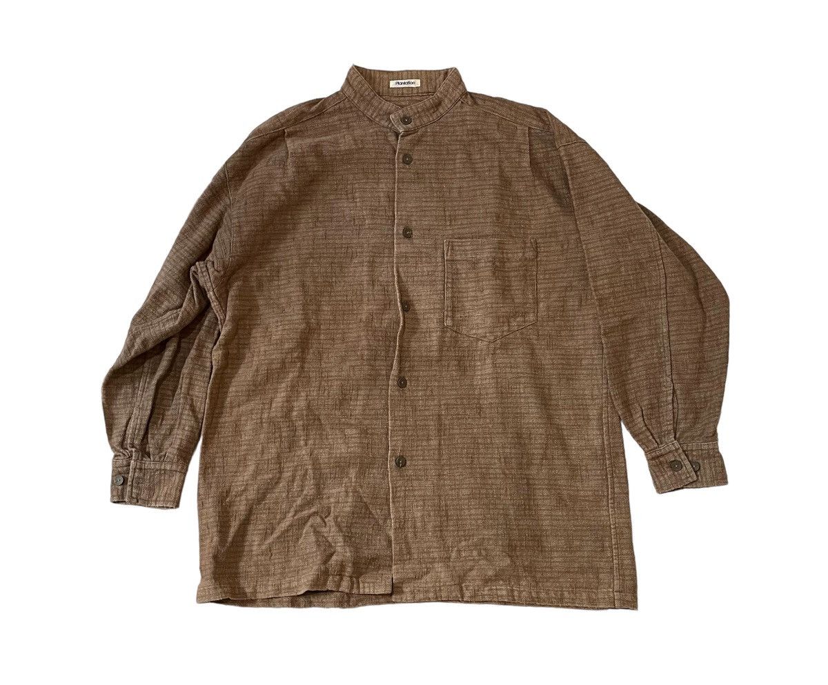 image of Vintage Issey Miyake Plantation Brown Collarless Shirt, Men's (Size Medium)