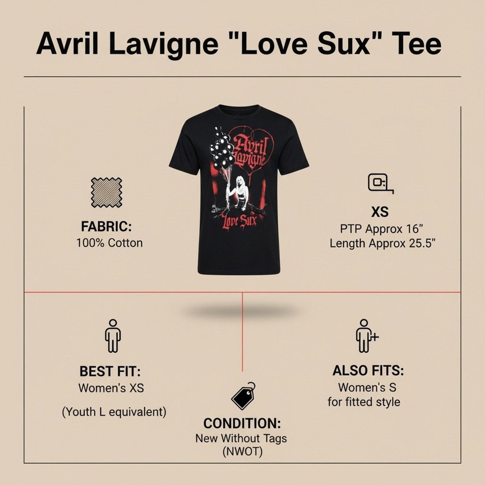 Other Avril Lavigne Love Sux Goth Punk Band T-Shirt XS NWOT Size XS / US 0-2 / IT 36-38 - 7 Thumbnail