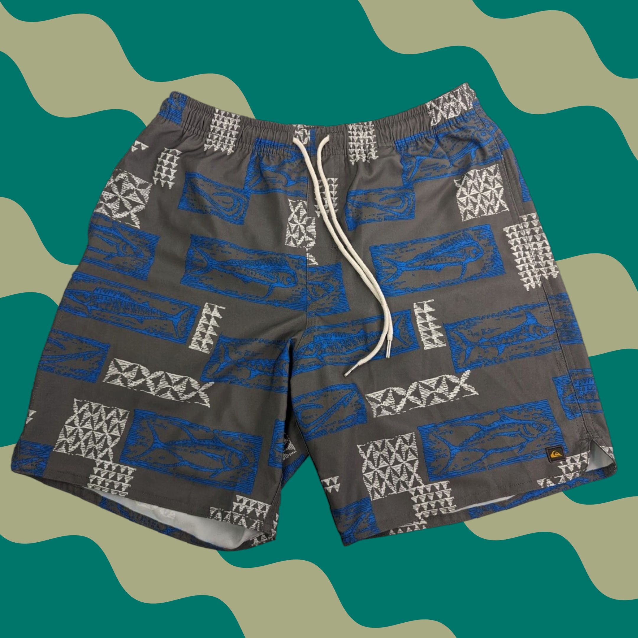Quiksilver Quiksilver Waterman Hopu Aina Men’s Medium Swim Trunks Lined Drawstring Pockets Blue Trunks Beach Hawaii Aloha Surf Ocean Waves Pattern AOP Size ONE SIZE - 1 Thumbnail