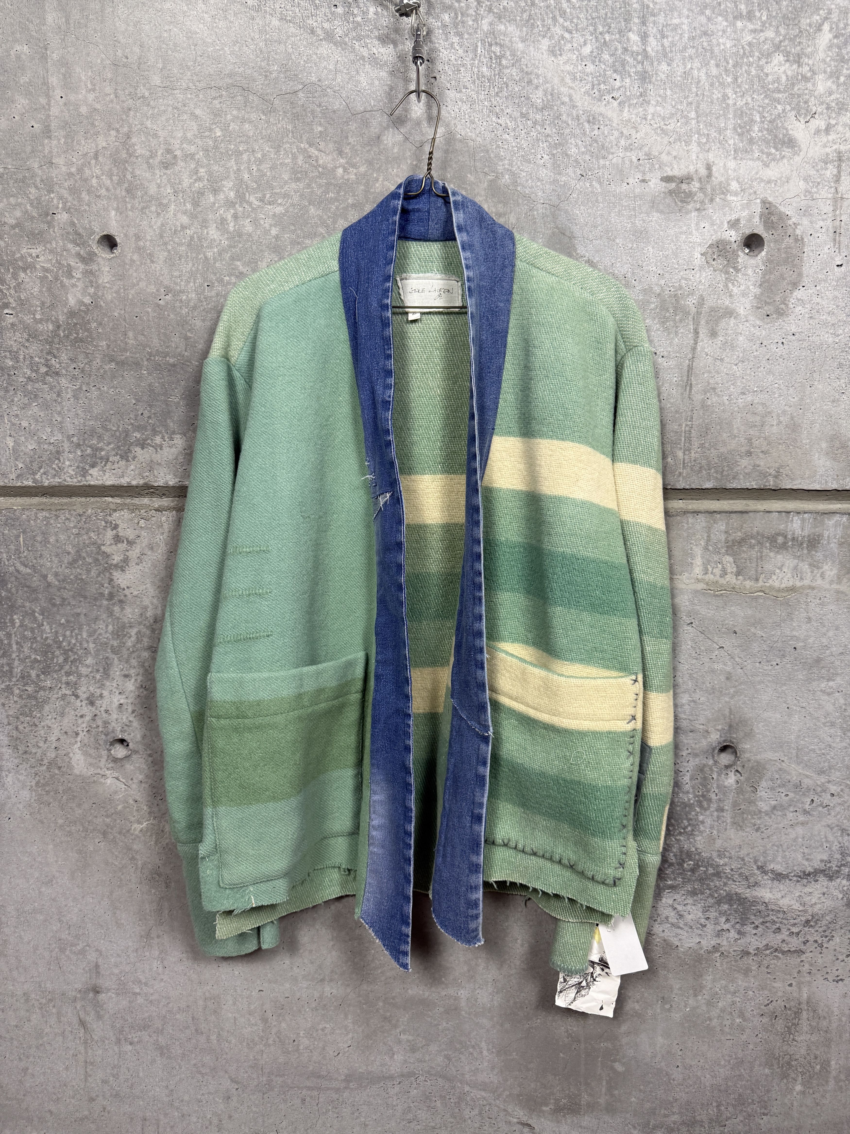 Greg Lauren $1250 Greg Lauren Teal Striped Blanket GL1 kimono