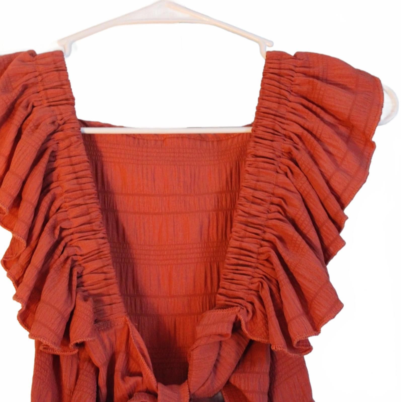 Shein SHEIN Small Rust Orange Textured Ruffle Sleeve Tie-Back Tank Size S / US 4 / IT 40 - 6 Thumbnail