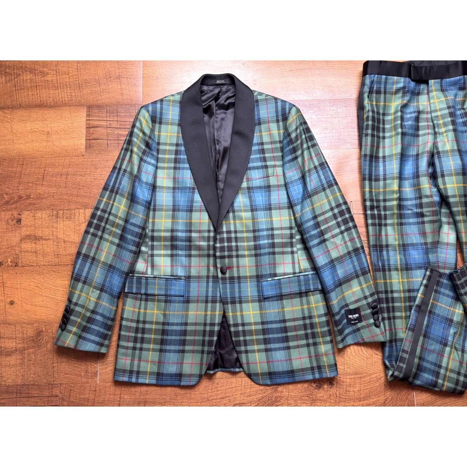 Todd Snyder NWT Todd Snyder Italian Peak Lapel Tuxedo Suit Wool Tartan Plaid Mens Size 40L Jacket Pants 2 Piece Green Wool Peak Taupe/Green? Size 40R - 3 Thumbnail