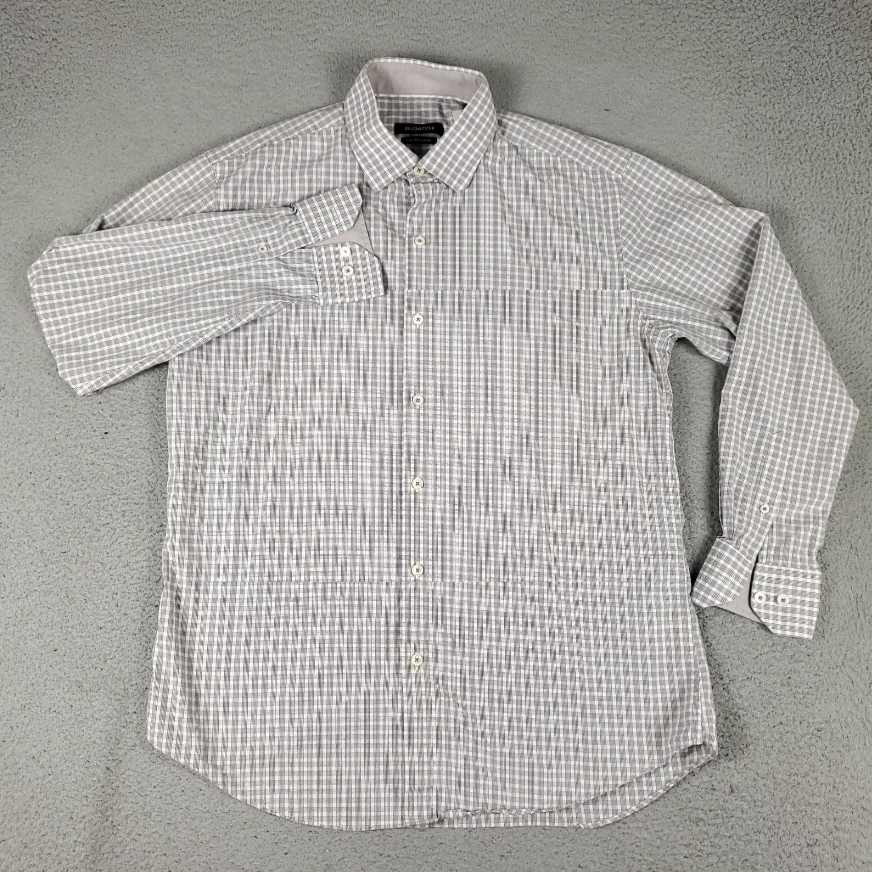 VINTAGE Bugatchi Uomo Dress Shirt Men Size 16.5 Long Sleeve Plaid Gray  Cotton Formal