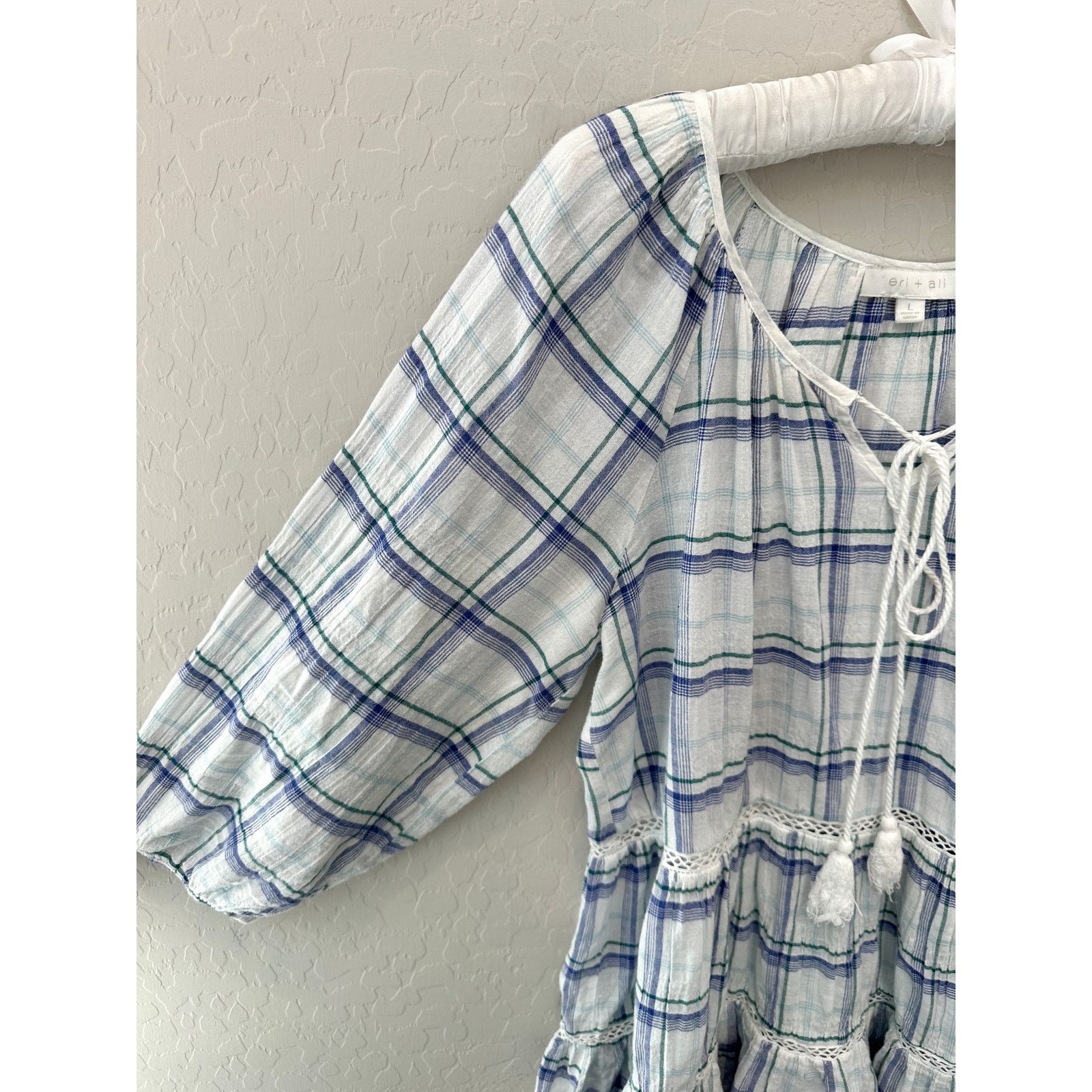 Anthropologie ANTHROPOLOGIE White Blue Plaid Peasant Cotton Tunic Blouse Size L / US 10 / IT 46 - 3 Thumbnail
