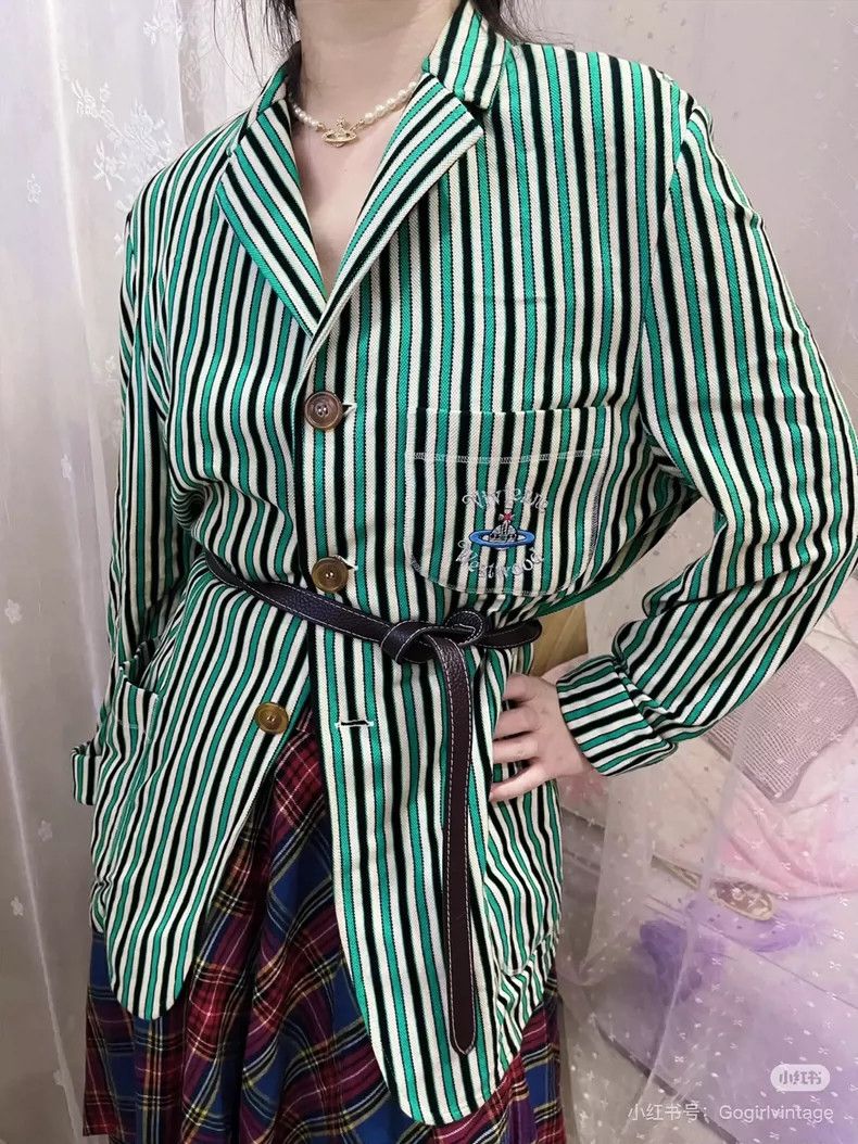 Vivienne Westwood Vivienne Westwood Shiney big Logo suit blue striped suit Size S / US 4 / IT 40 - 8 Thumbnail