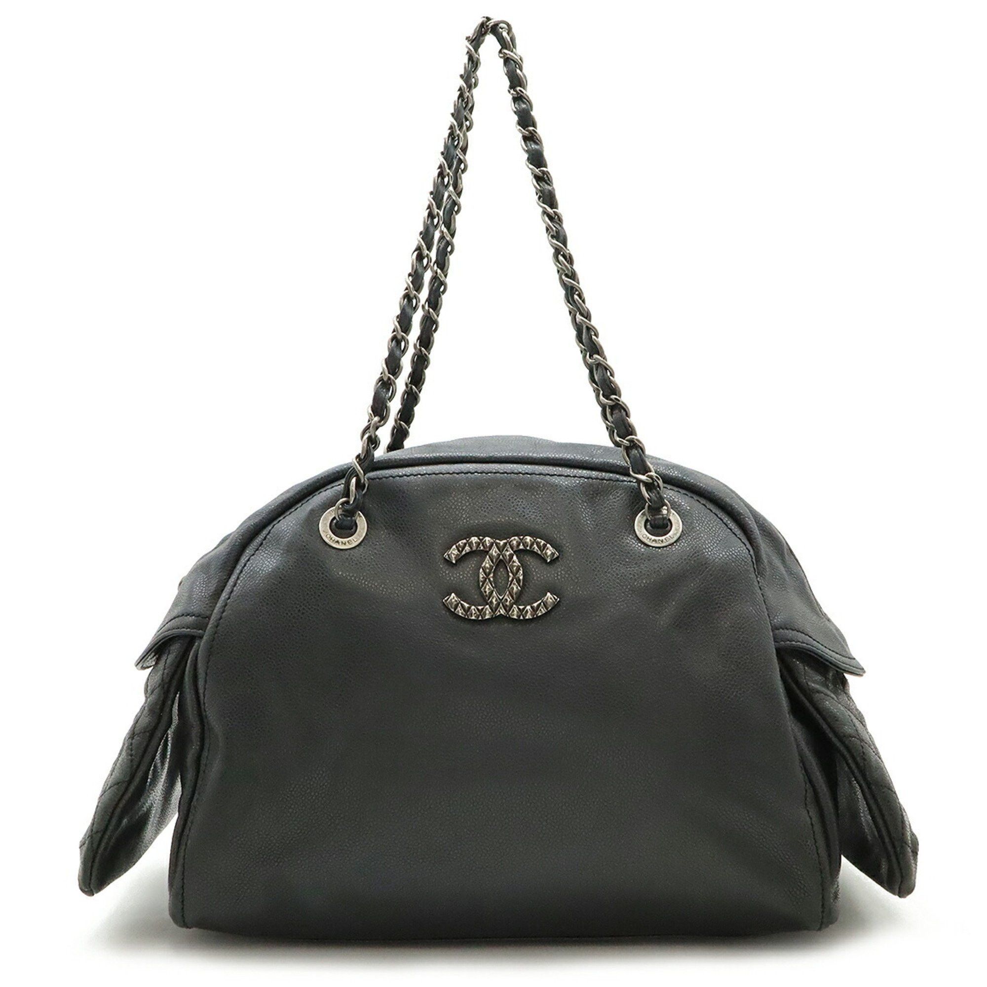 Chanel Coco Mark Shoulder Bag Chain Tote Caviar Skin Leather Grey, Women's