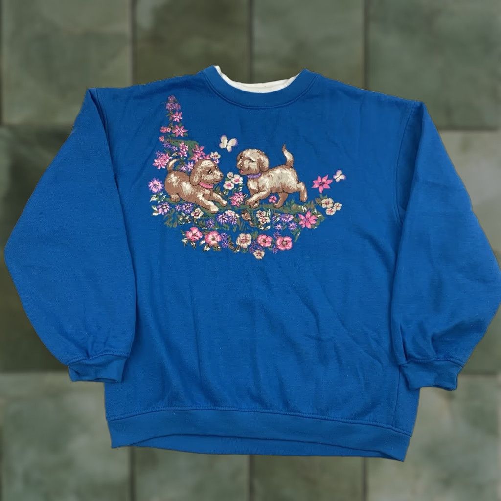 Basic Editions VINTAGE Basic Editions Sweatshirt Womens Medium Blue Puppy Flowers 90s Activewear Size M / US 6-8 / IT 42-44 - 1 Thumbnail