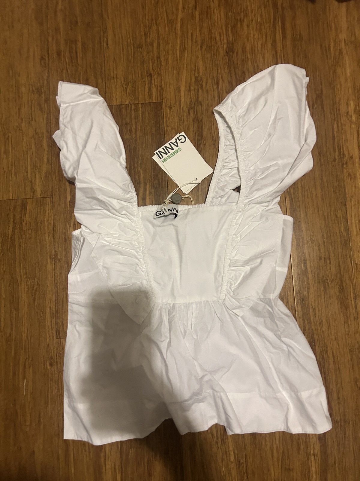 Ganni GANNI Ruffled 100% Organic Cotton Poplin Top White EU 36 Size S / US 4 / IT 40 - 6 Thumbnail