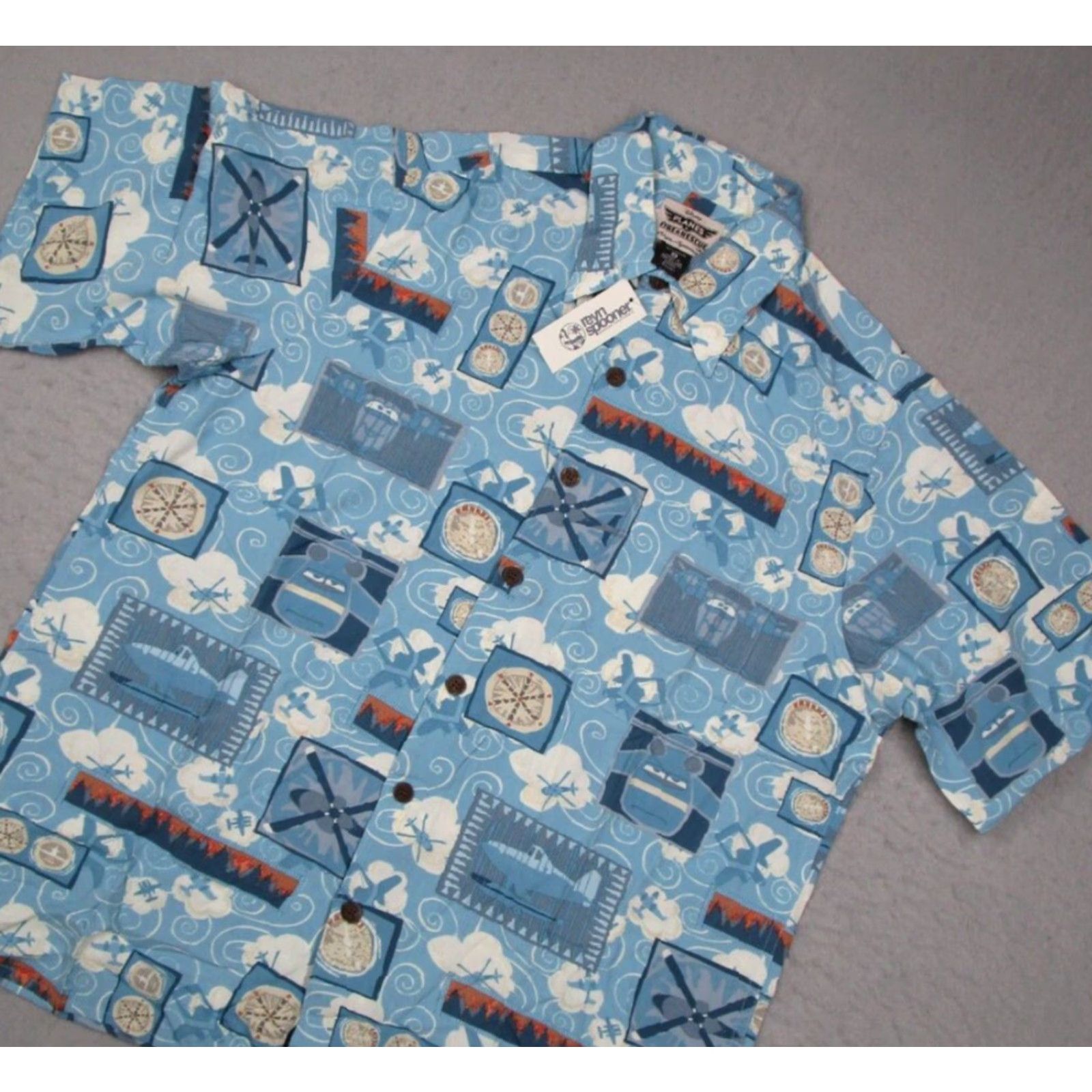 Reyn Spooner REYN SPOONER DISNEY Men Blue short sleeve button up Hawaiian shirt w/ AOP "Planes Fire & Rescue" movie themed design - 100% rayon - made in USA Size US S / EU 44-46 / 1 - 2 Thumbnail