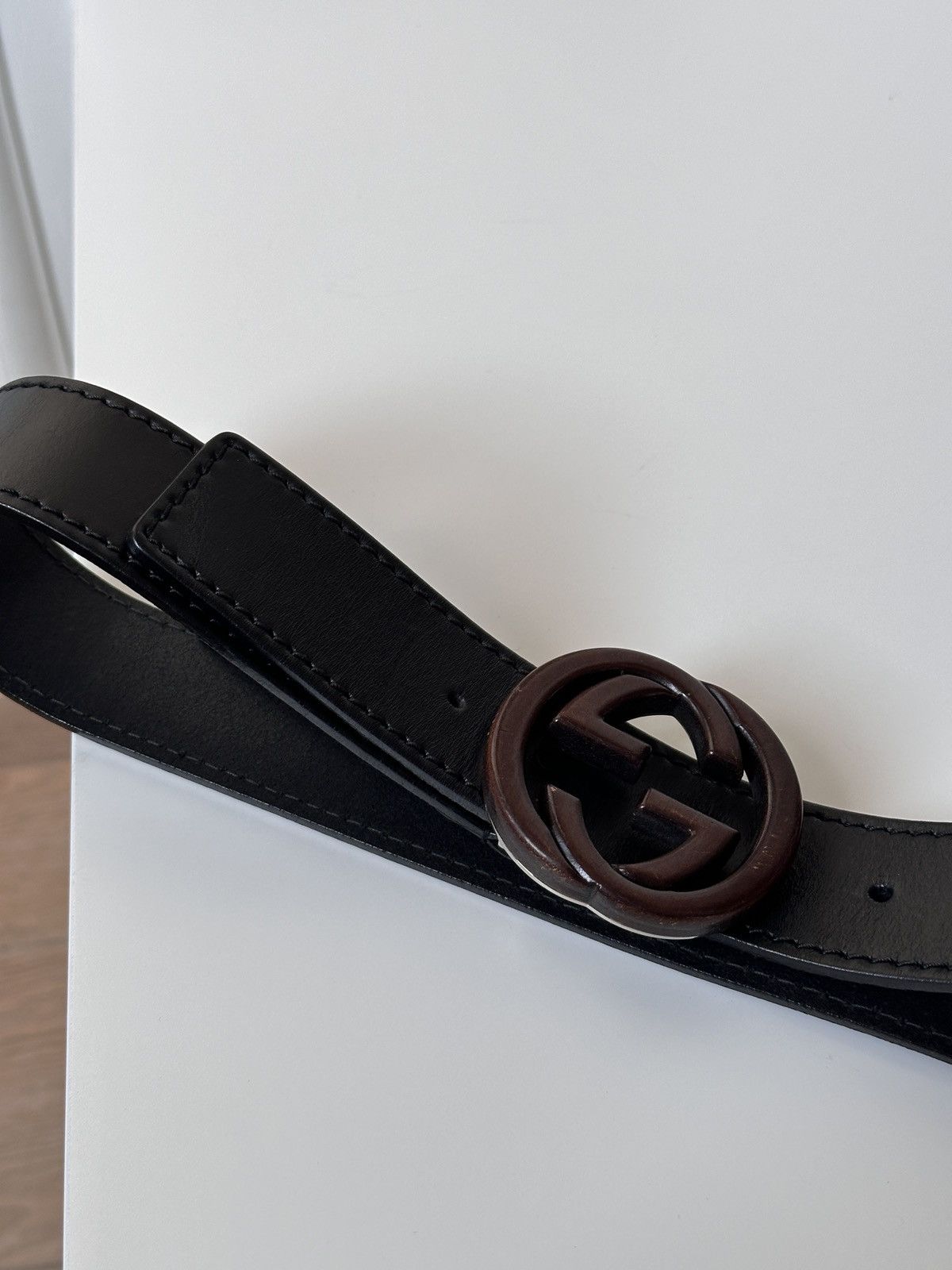 Gucci GUCCI Wooden Brown Buckle Leather Double GG Belt Size: 85/34 Size 30 - 12 Thumbnail