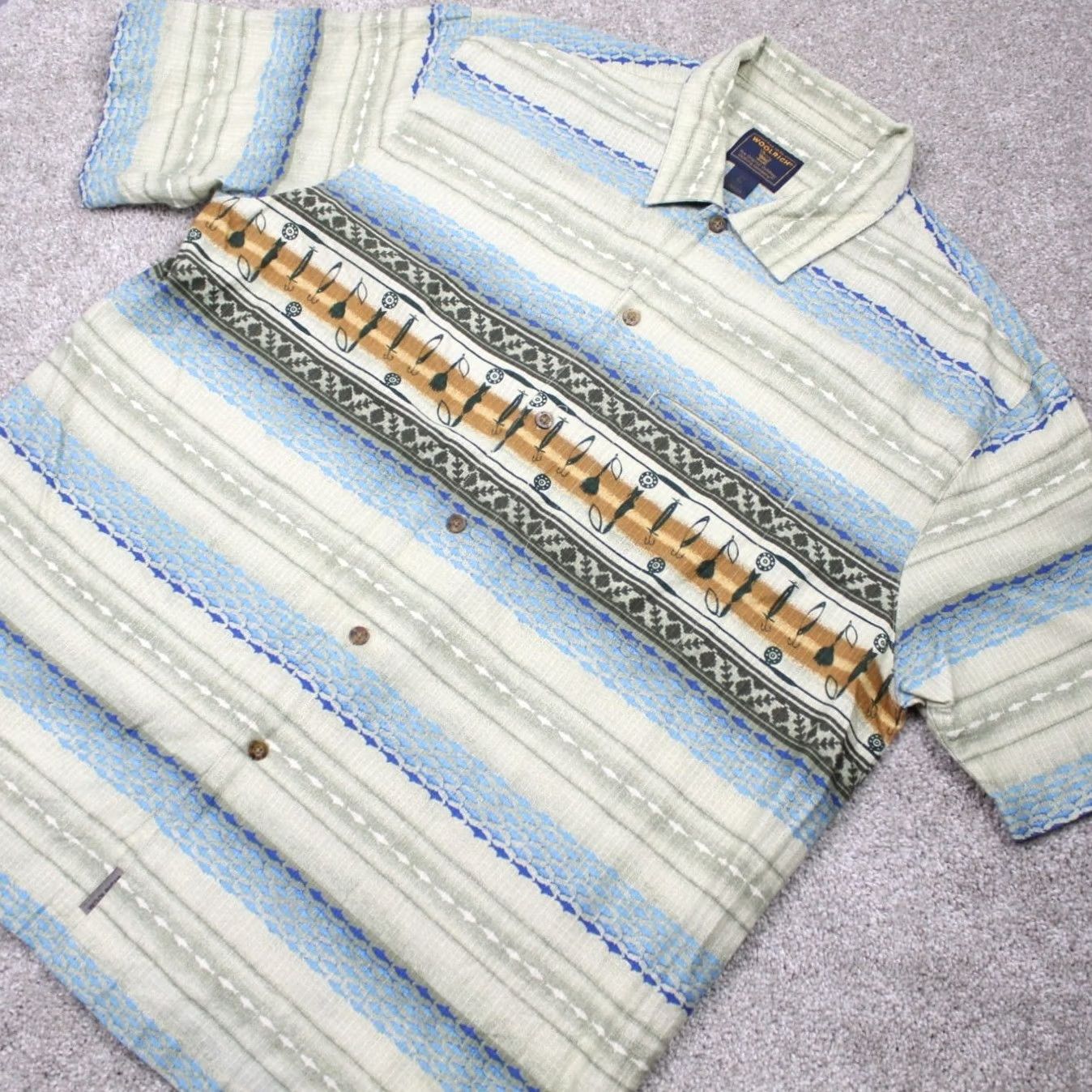 Vintage Woolrich Shirt Mens XL Blue/Green w/ Fishing Lure AOP Cotton S/S Button Up Size US XL / EU 56 / 4 - 4 Thumbnail