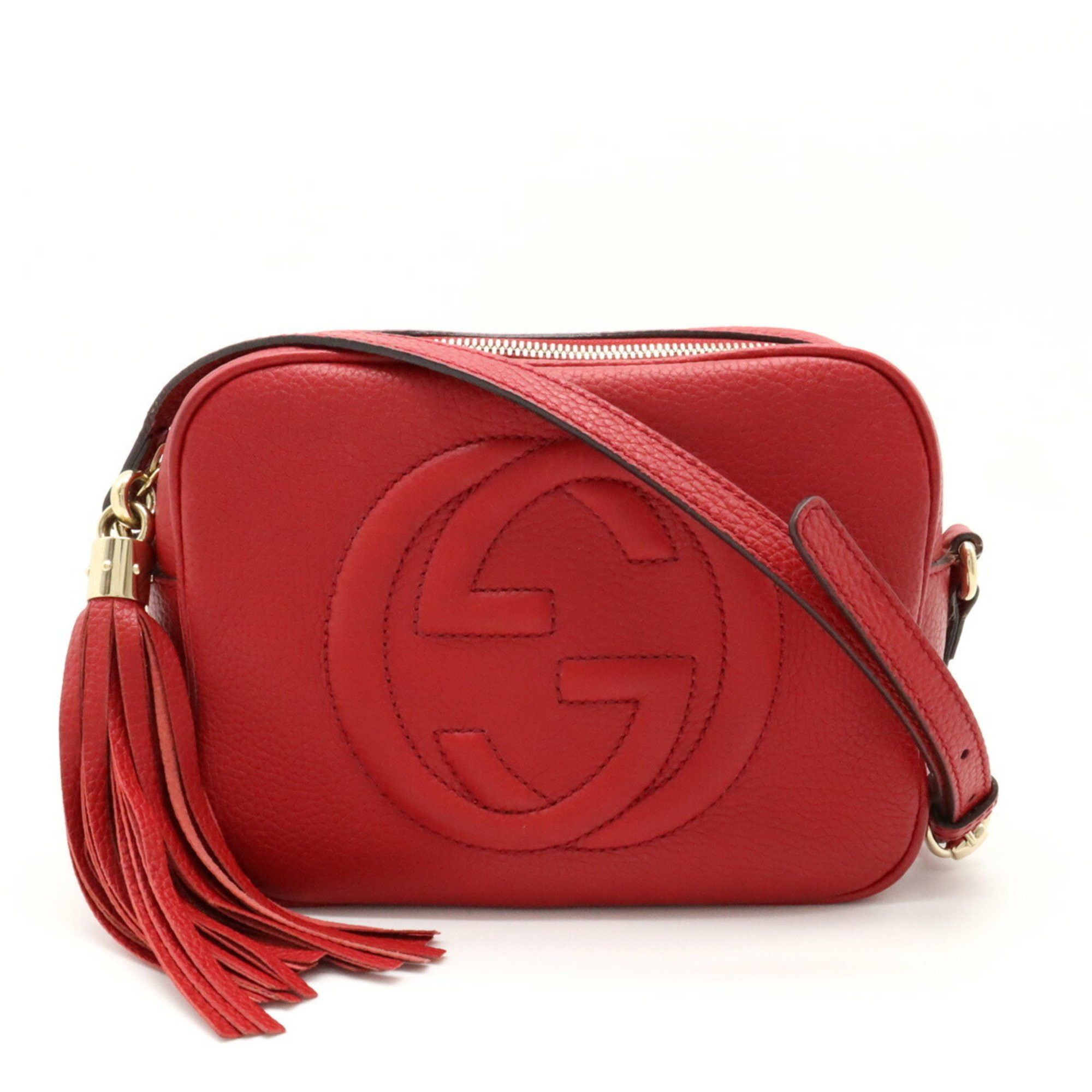 image of Gucci Soho Small Disco Shoulder Bag Pochette Tassel Leather Red 308364 in Red Color, Women's