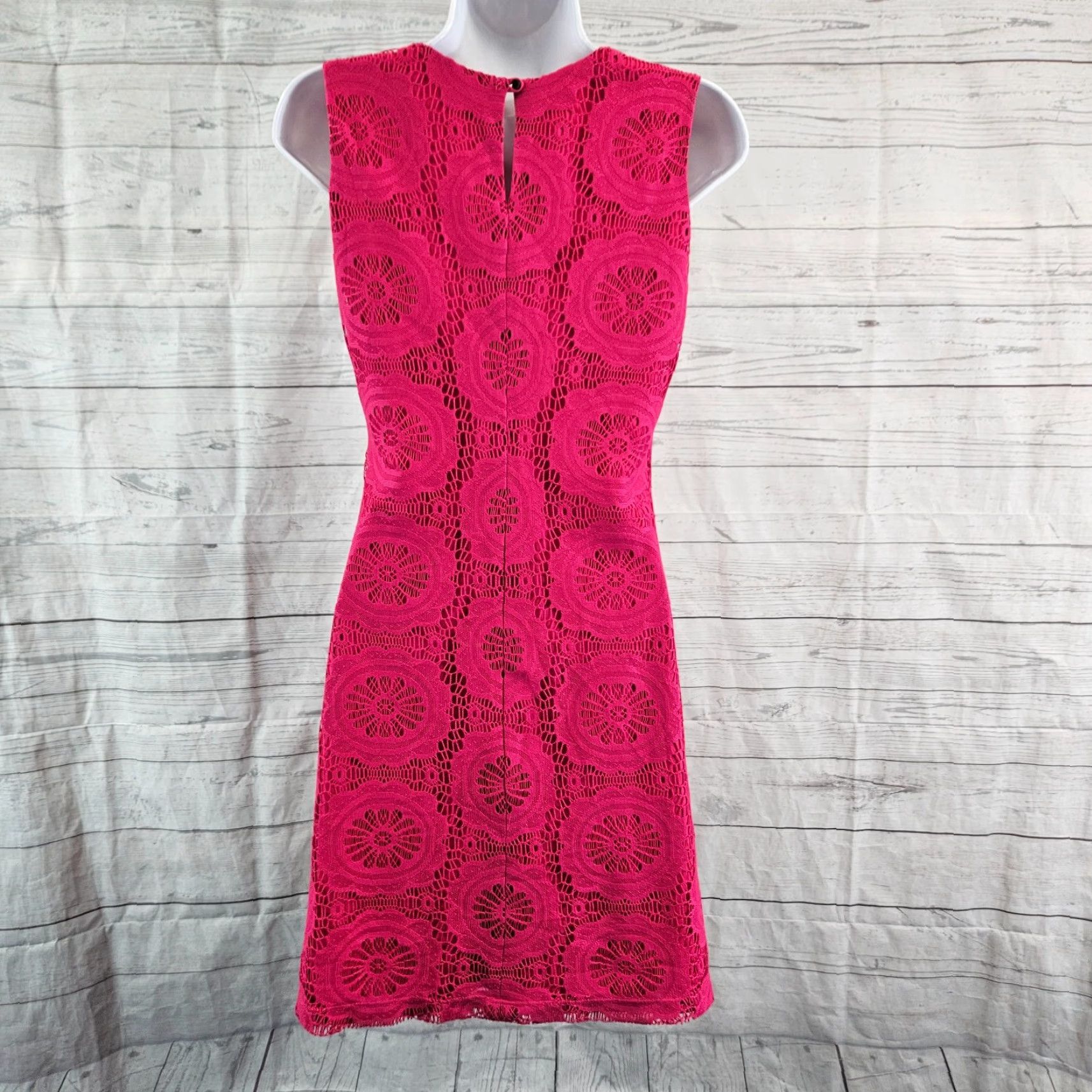 Vintage Eliza J Womens Dress Sz 0 Pink Crochet Lace Sleeveless Round Neck Fit & Flare Short Size XS / US 0-2 / IT 36-38 - 4 Thumbnail
