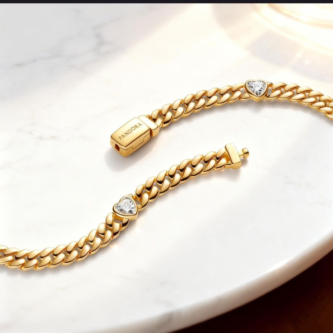 pandora PANDORA 14K GOLD-PLATED CZ HEART CUBAN CHAIN BRACELET Size ONE SIZE - 5 Thumbnail