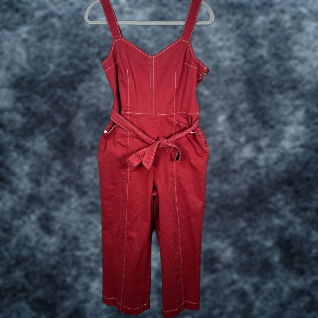 Vintage ModCloth Womens Medium Red Cotton Twill Wide-Leg Jumpsuit Tie Waist Sleeveless Size 32" / US 10 / IT 46 - 1 Thumbnail