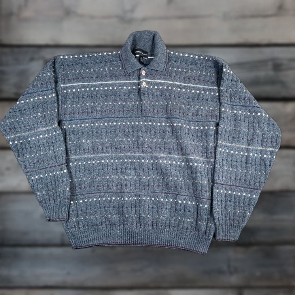 Vintage VTG 90s Collared Sweater Adult Large Gray Dotted Striped Pattern Chunky Knit Dad Size US L / EU 52-54 / 3 - 1 Thumbnail