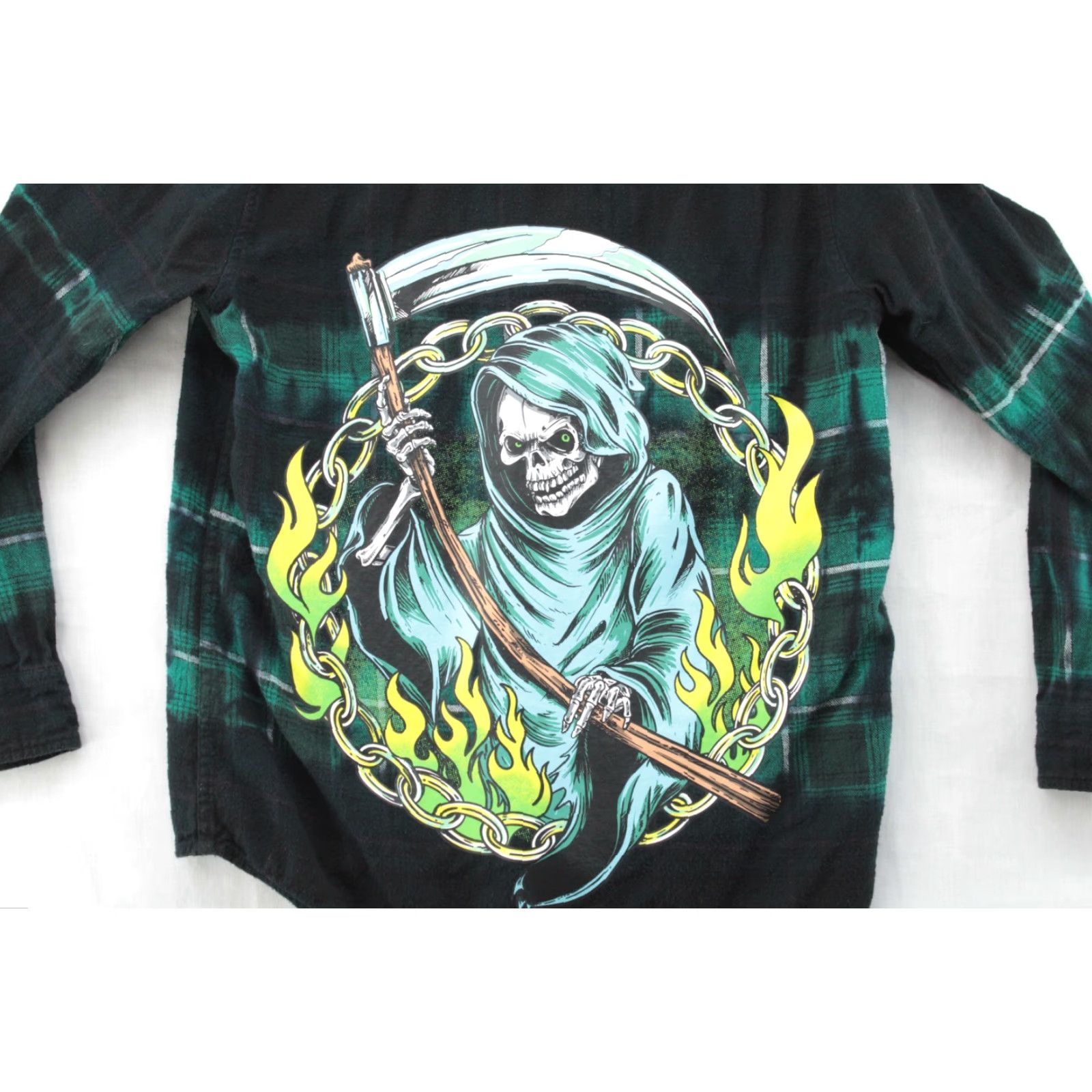 Broken Promises Co. VINTAGE Broken Promises Grim Reaper Hoodie Flannel Shirt Mens M Black Green Plaid Goth Hoodie Button-Up Casual City Gothic Grunge 90s Mens Size US M / EU 48-50 / 2 - 4 Thumbnail