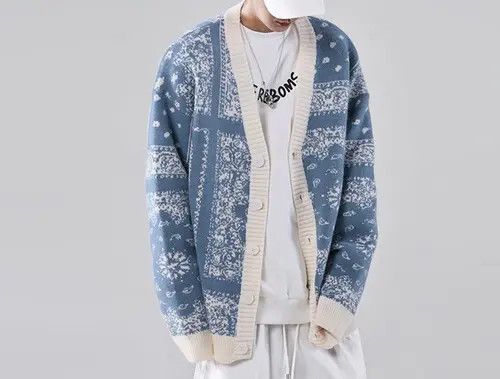 image of New Collection Cool Bandana Cardigan Knitwear in Blue, Men's (Size Large)