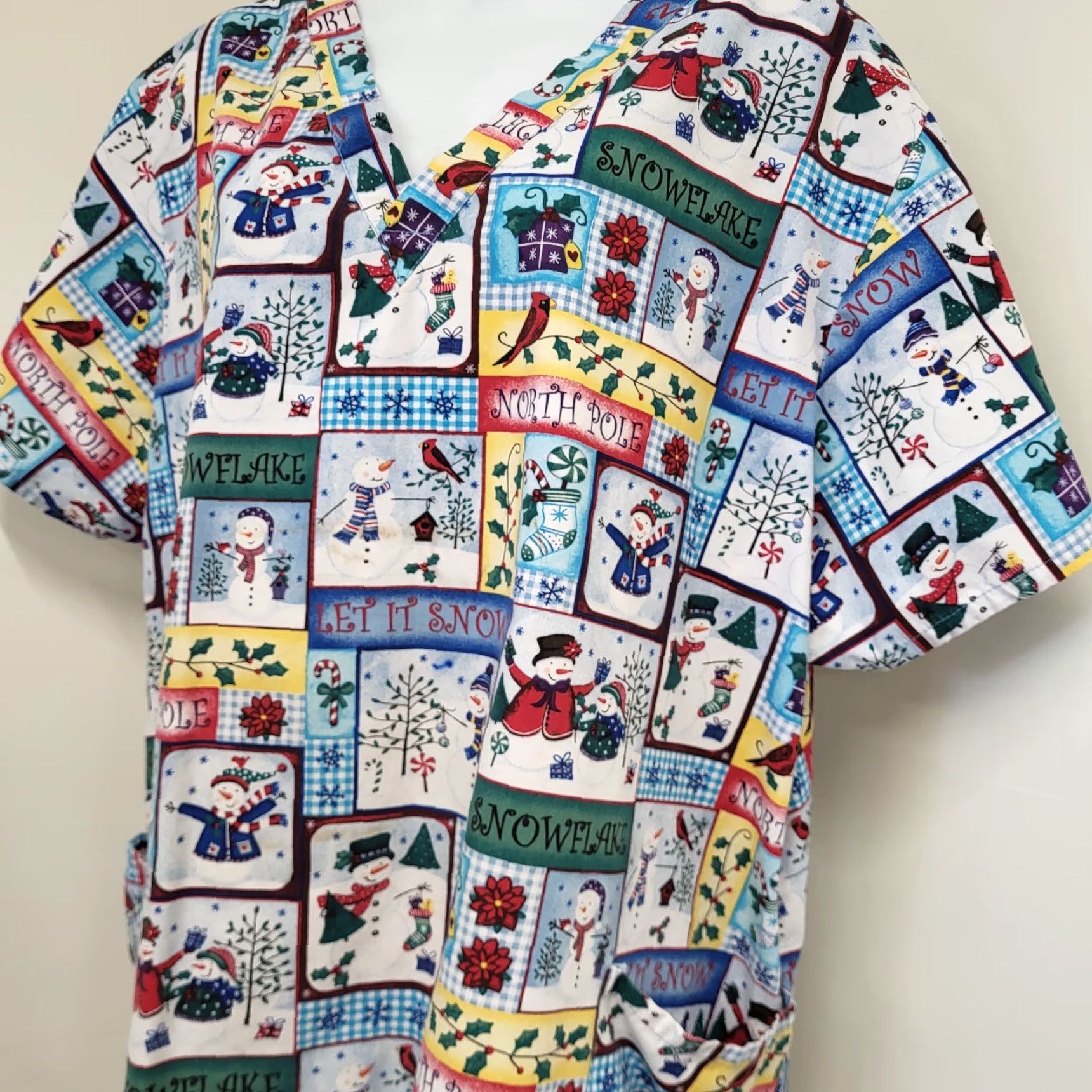 Poler Christmas Holiday Snowman Scrub Top Let it Snow North Pole Birds Women XL Scrub Wear Multi-Color Cotton Medical Size XL / US 12-14 / IT 48-50 - 2 Thumbnail