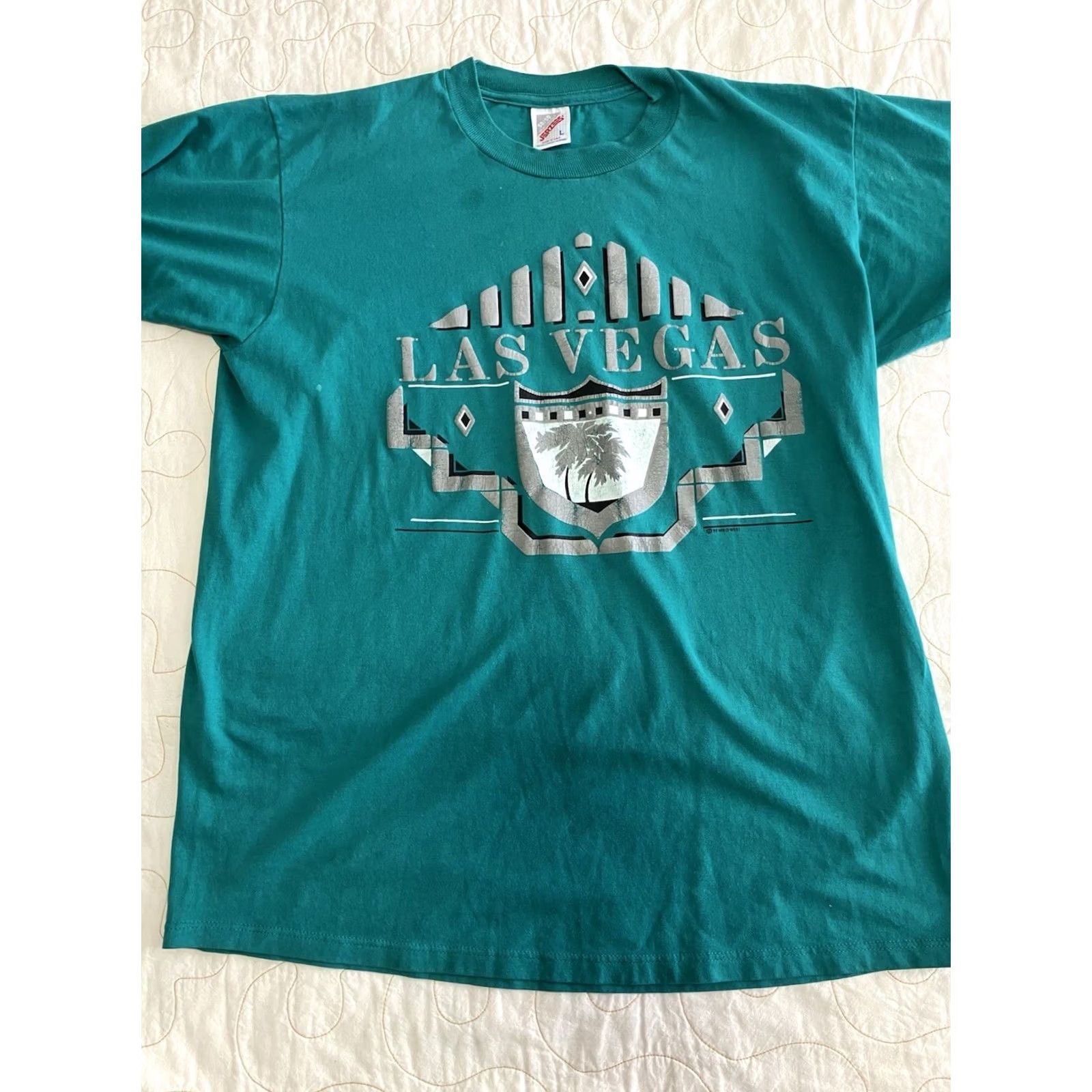 Jerzees VINTAGE Jerzees T-Shirt Teal Graphic Shirt Large L 90s Las Vegas NV Nevada Stained Mens Shirts Green Size US L / EU 52-54 / 3 - 5 Thumbnail