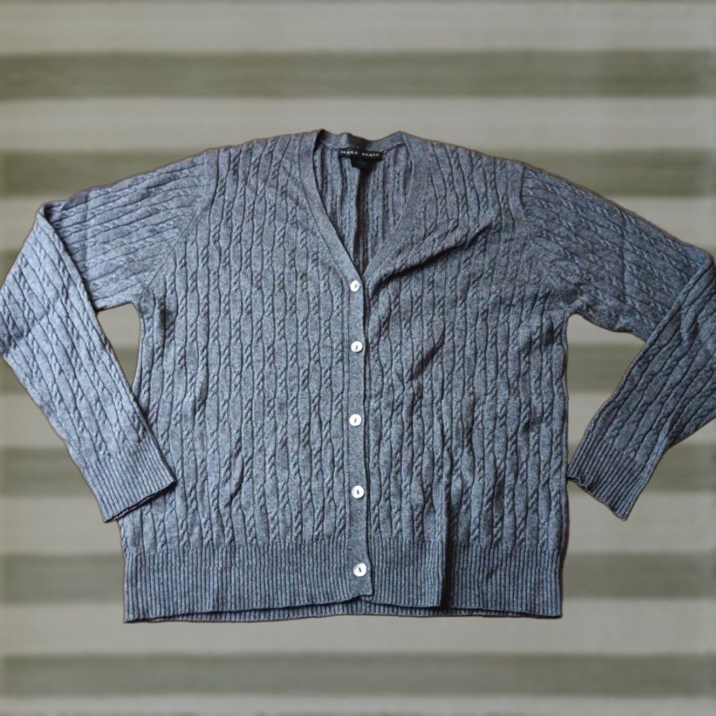 Mark Shale Cardigan Silk/Cashmere Grey/Silver Cable Knit Sweater Large Womans