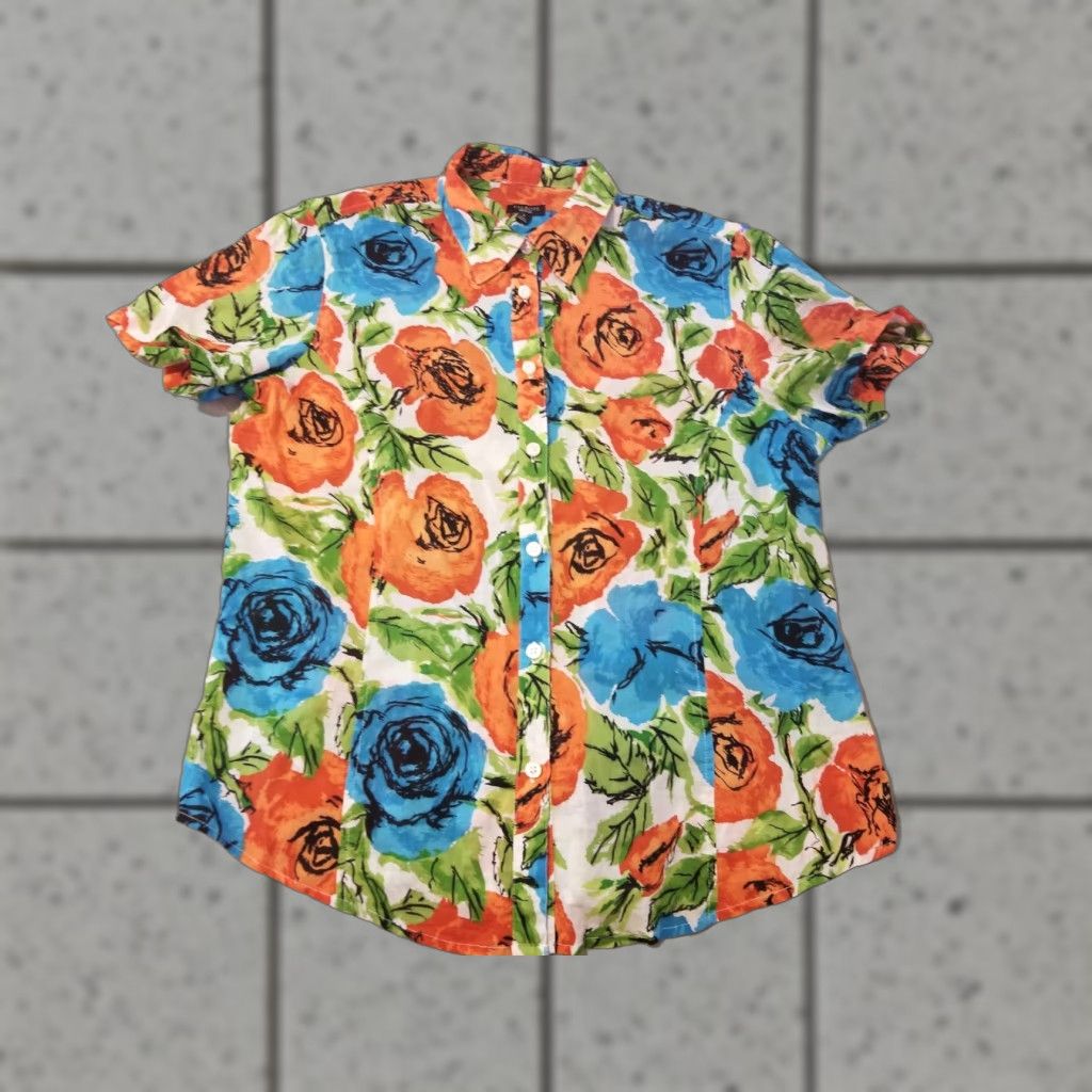 Talbots Womens Talbots Dress Shirt L Large Blue Orange Button Blouse Short Sleeve Size L / US 10 / IT 46 - 1 Thumbnail