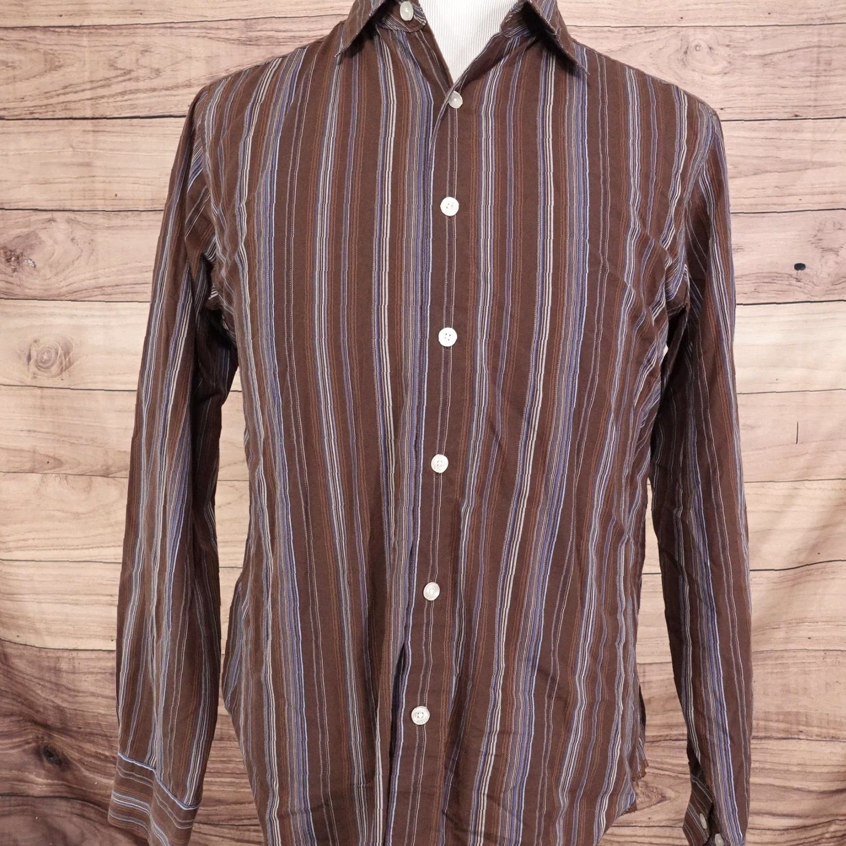 BKE BKE 67 Shirt Mens Large Brown Blue Stripe Button Front Long Sleeve Casual Shirt Size US L / EU 52-54 / 3 - 3 Thumbnail