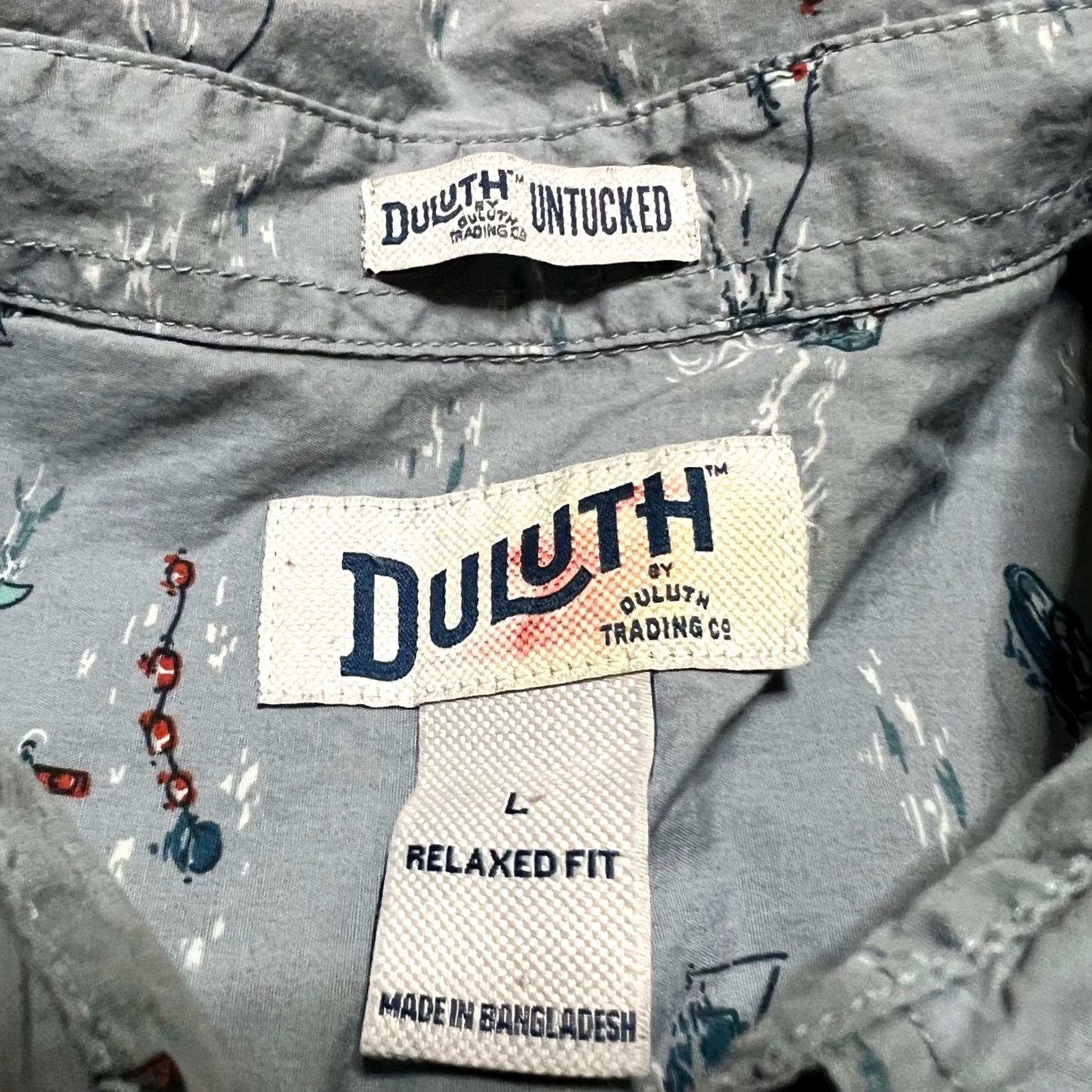 Duluth Trading Company DULUTH Shirt Men Large Gray Blue Fishing Boat All Over Print BBQ Short Sleeve Size US L / EU 52-54 / 3 - 7 Thumbnail