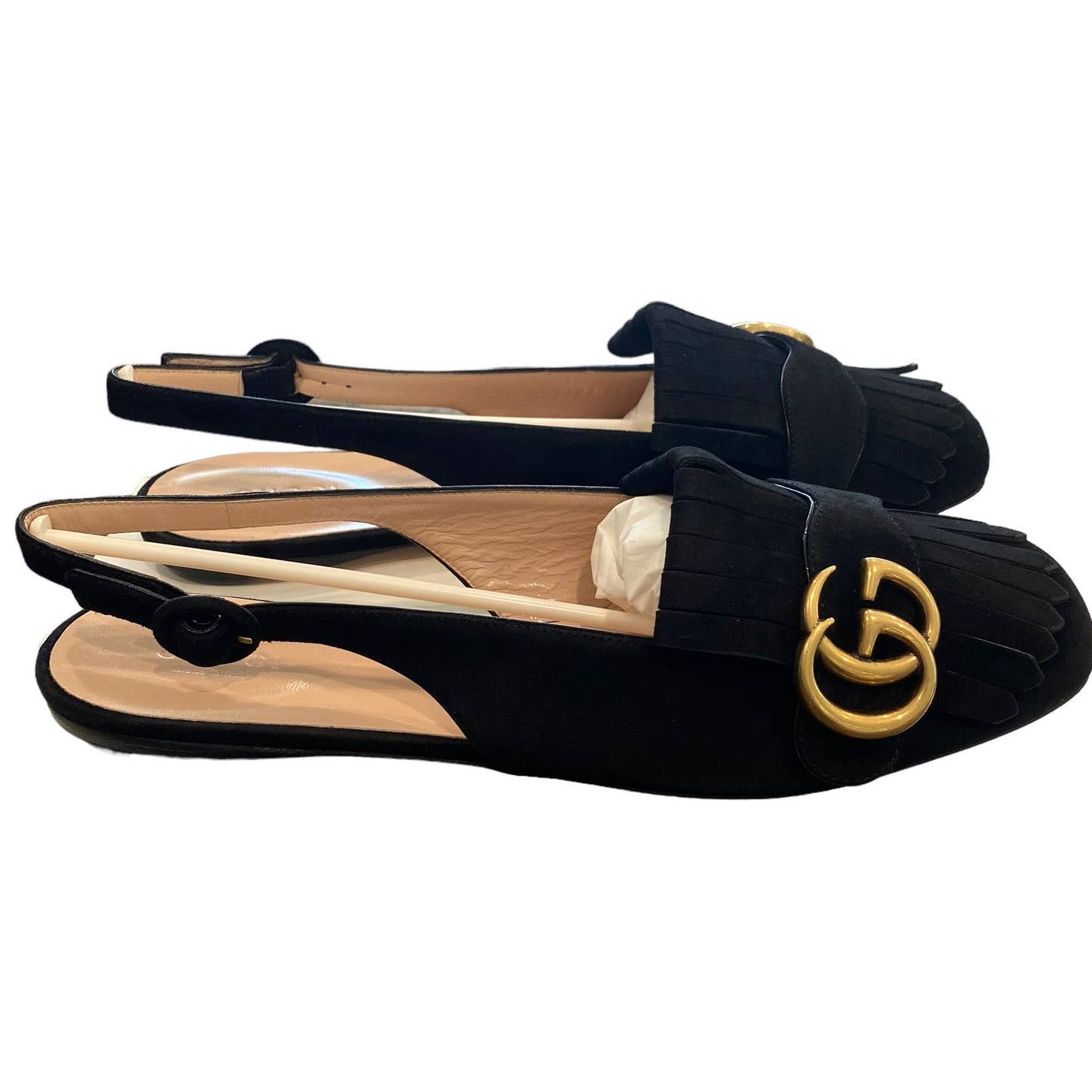image of Gucci GG Marmont Double G Slingback Suede Fringe Flats in Black, Women's (Size 8.5)