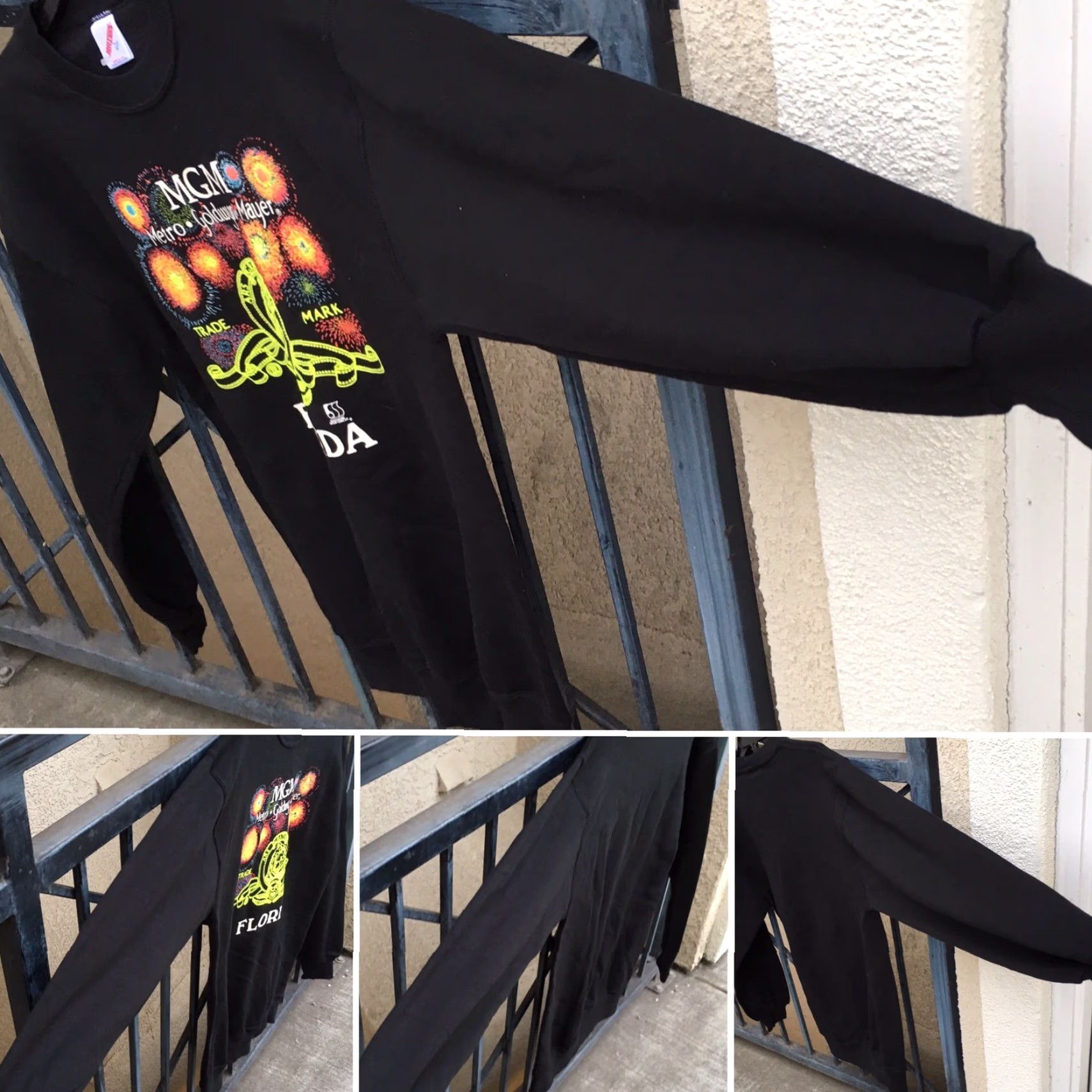 Jerzees VINTAGE MGM Metro Goldwyn Mayer Florida Sweatshirt Neon Graphics 80s 90s USA Made L Jerzees Black Sweatshirt Mens Size US L / EU 52-54 / 3 - 3 Thumbnail
