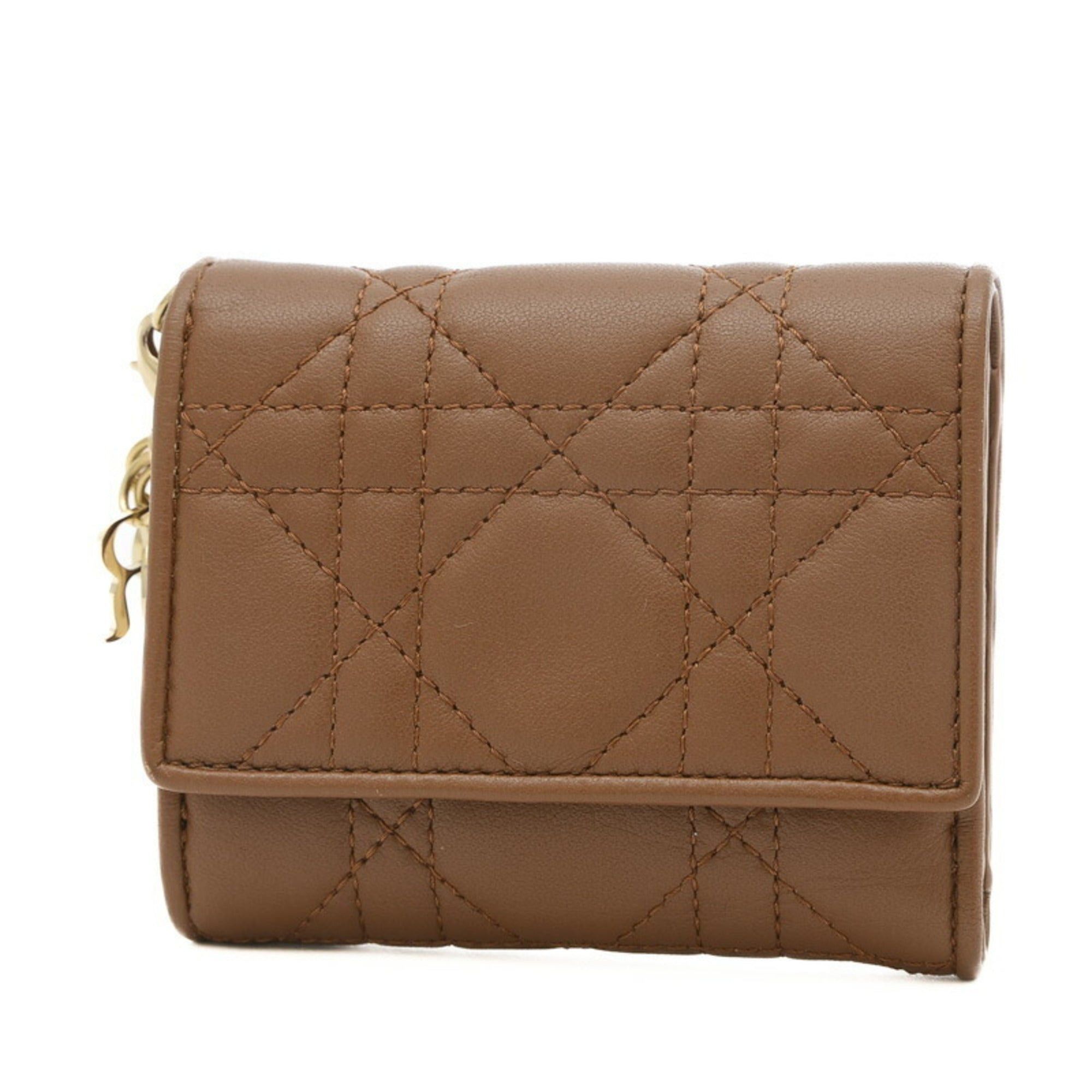 image of Christian Dior Dior Lady Cannage Lotus Wallet Trifold Lambskin Brown, Women's