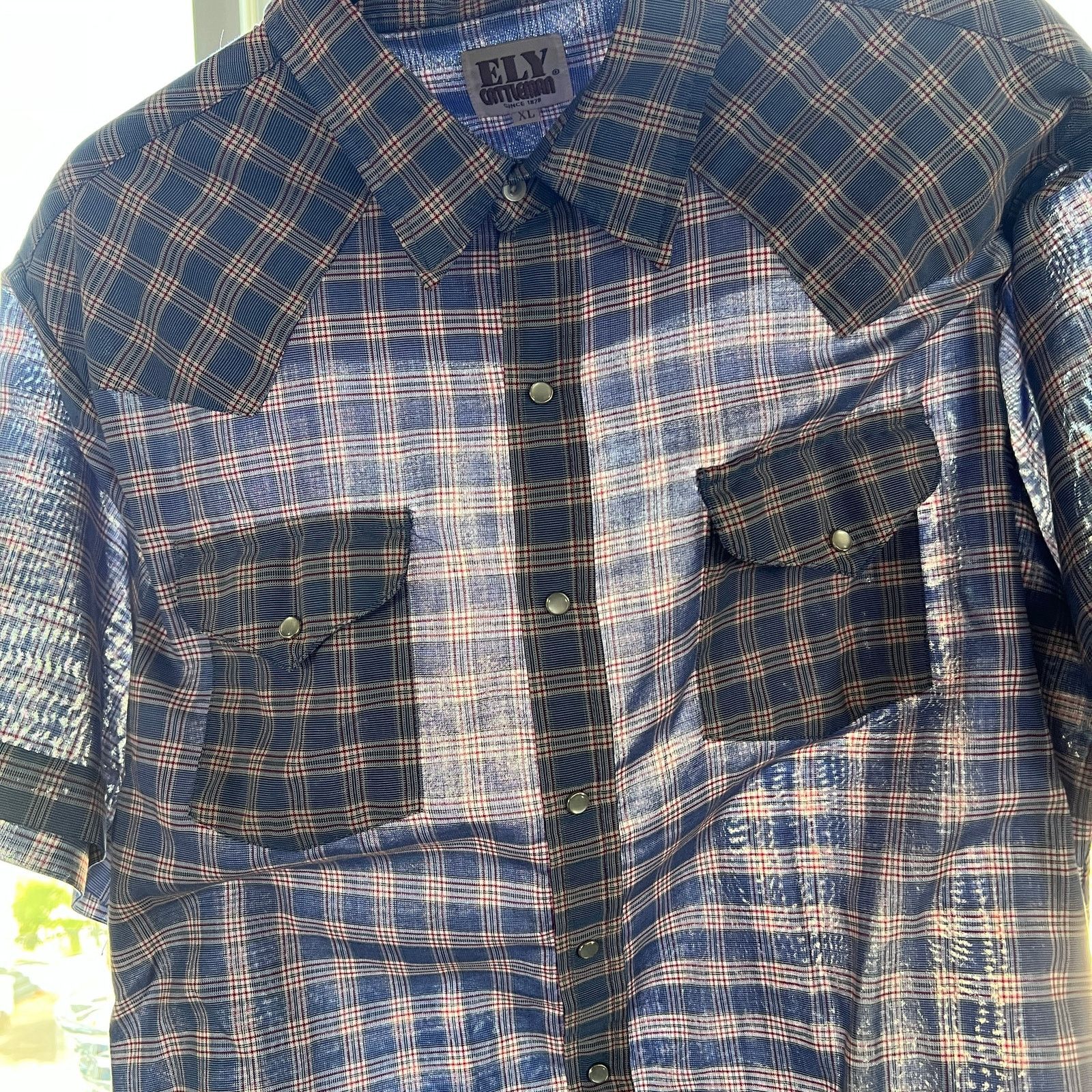 Vintage Ely Cattlemqn Men's Blue Plaid Pearl Snap Shirt XL 25x31 Size US XL / EU 56 / 4 - 2 Thumbnail