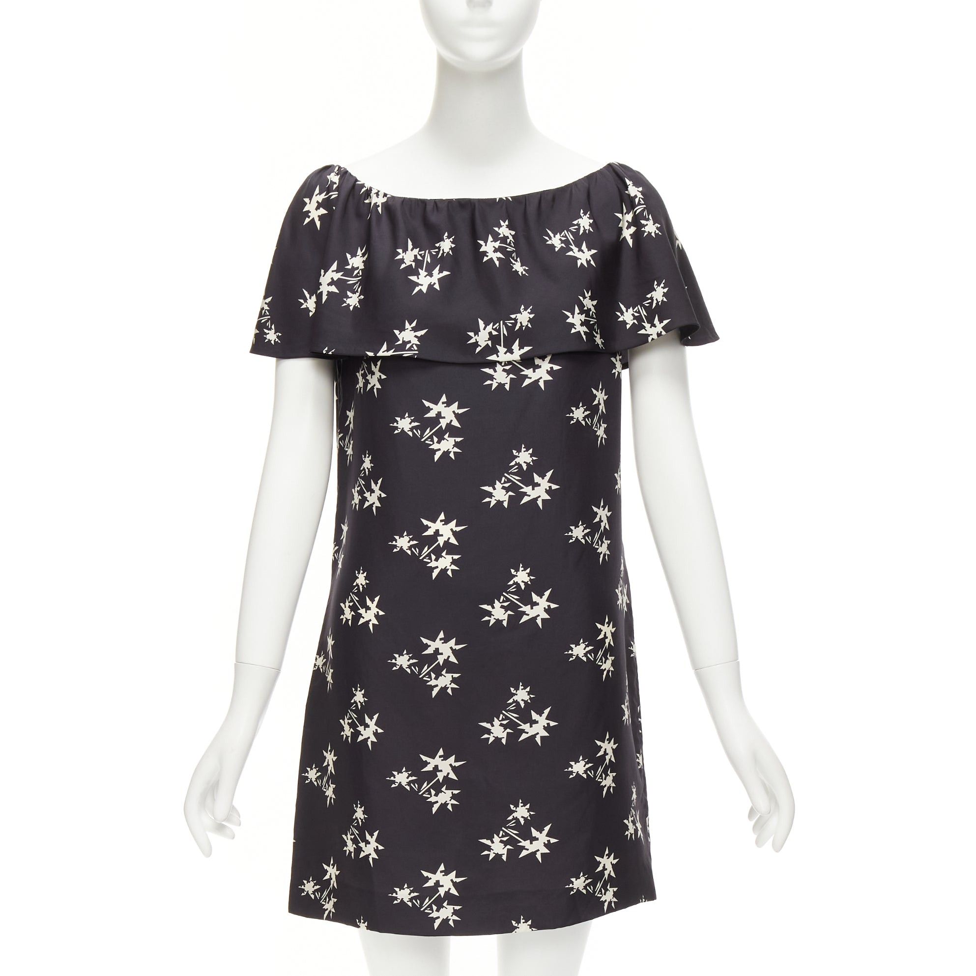 image of Miu Miu 2007 Black 100% Silk Star Print Cape Sleeves Bateau Mini Dress It42 M, Women's (Size Medium