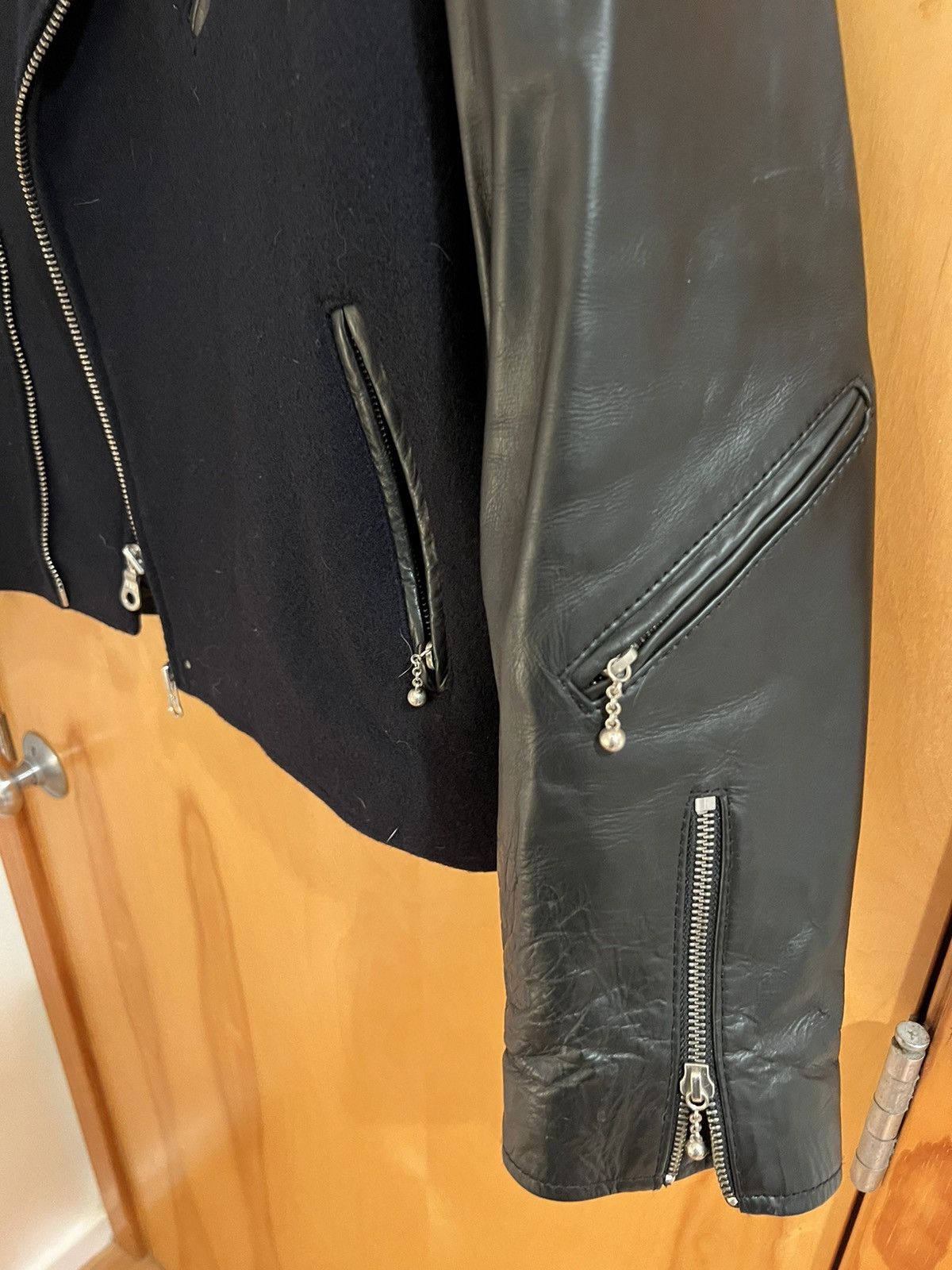 Mki Miyuki Zoku MKI blue black wool leather biker jacket large Size US L / EU 52-54 / 3 - 2 Thumbnail