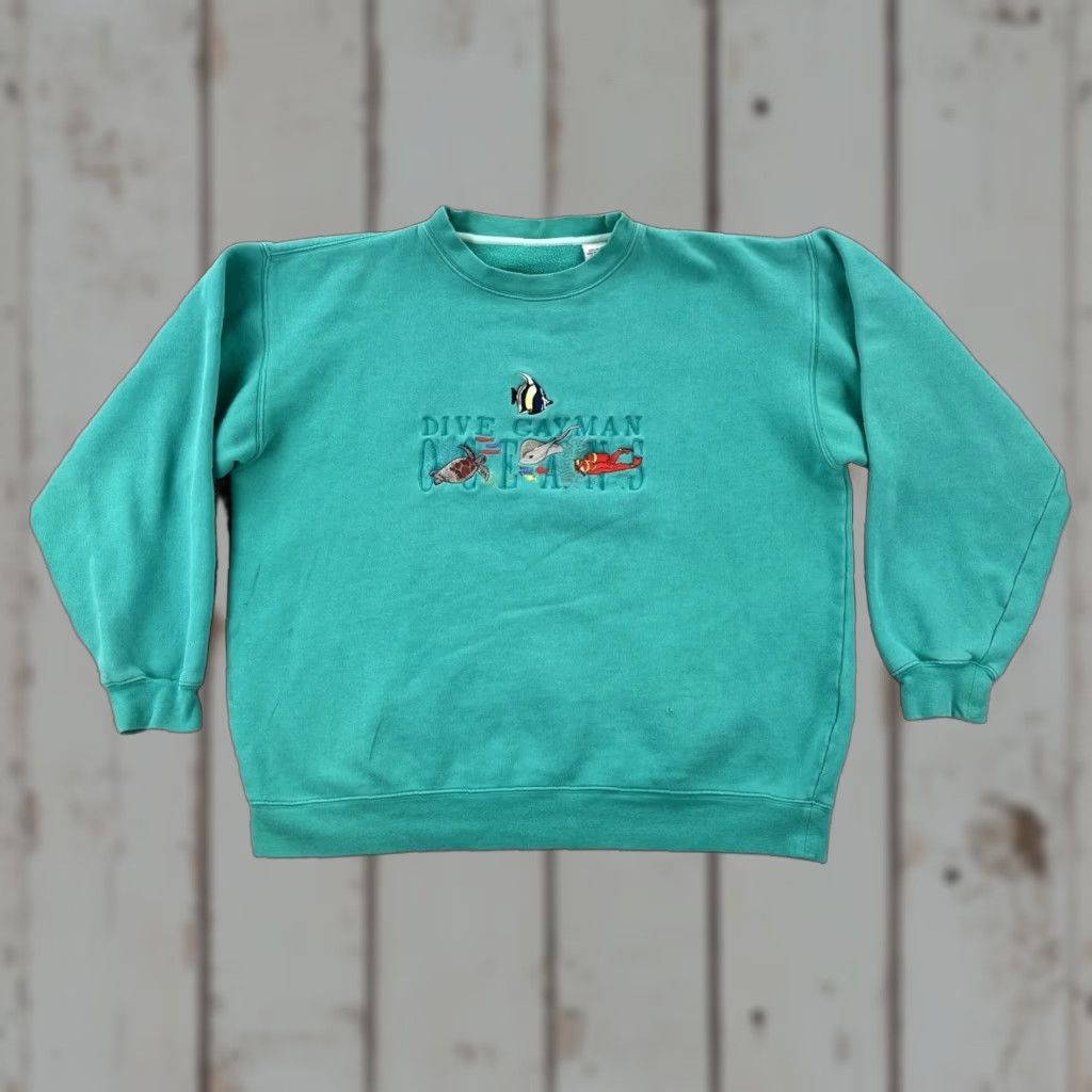 Vintage VINTAGE Men Large Green Crew Neck Sweatshirt Embroidered 90s Cayman Oceans Dive Size US L / EU 52-54 / 3 - 1 Thumbnail