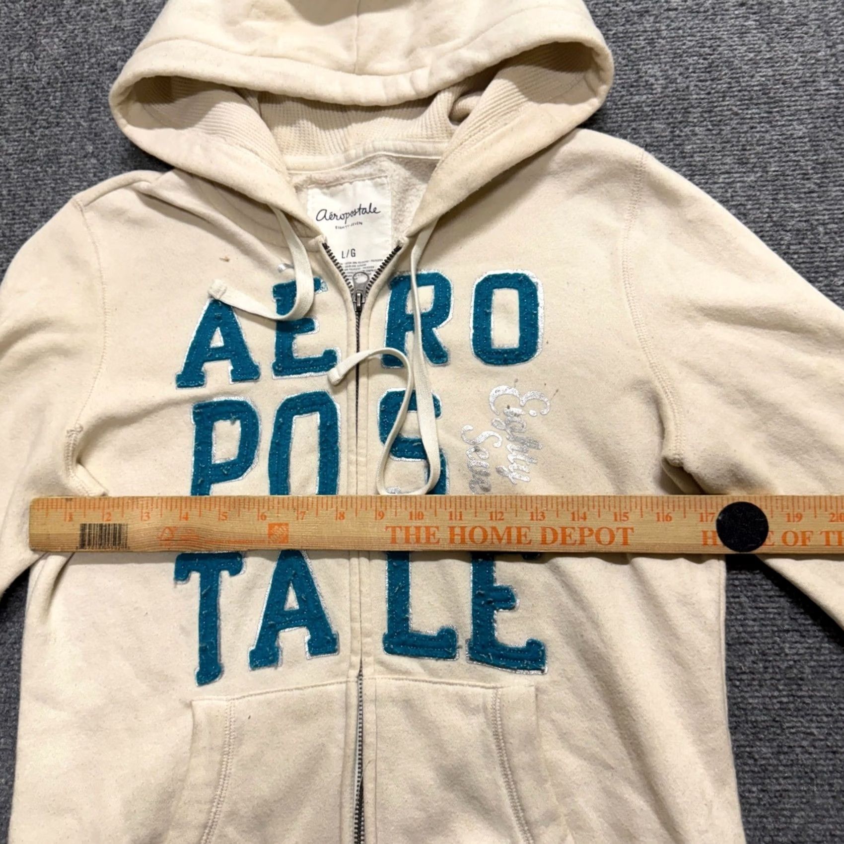 Aeropostale VINTAGE Aeropostale Jacket Womens L Beige Fullzip Hooded Embroidered Distressed White Blue Stained Casual 90s Womens Size L / US 10 / IT 46 - 3 Thumbnail